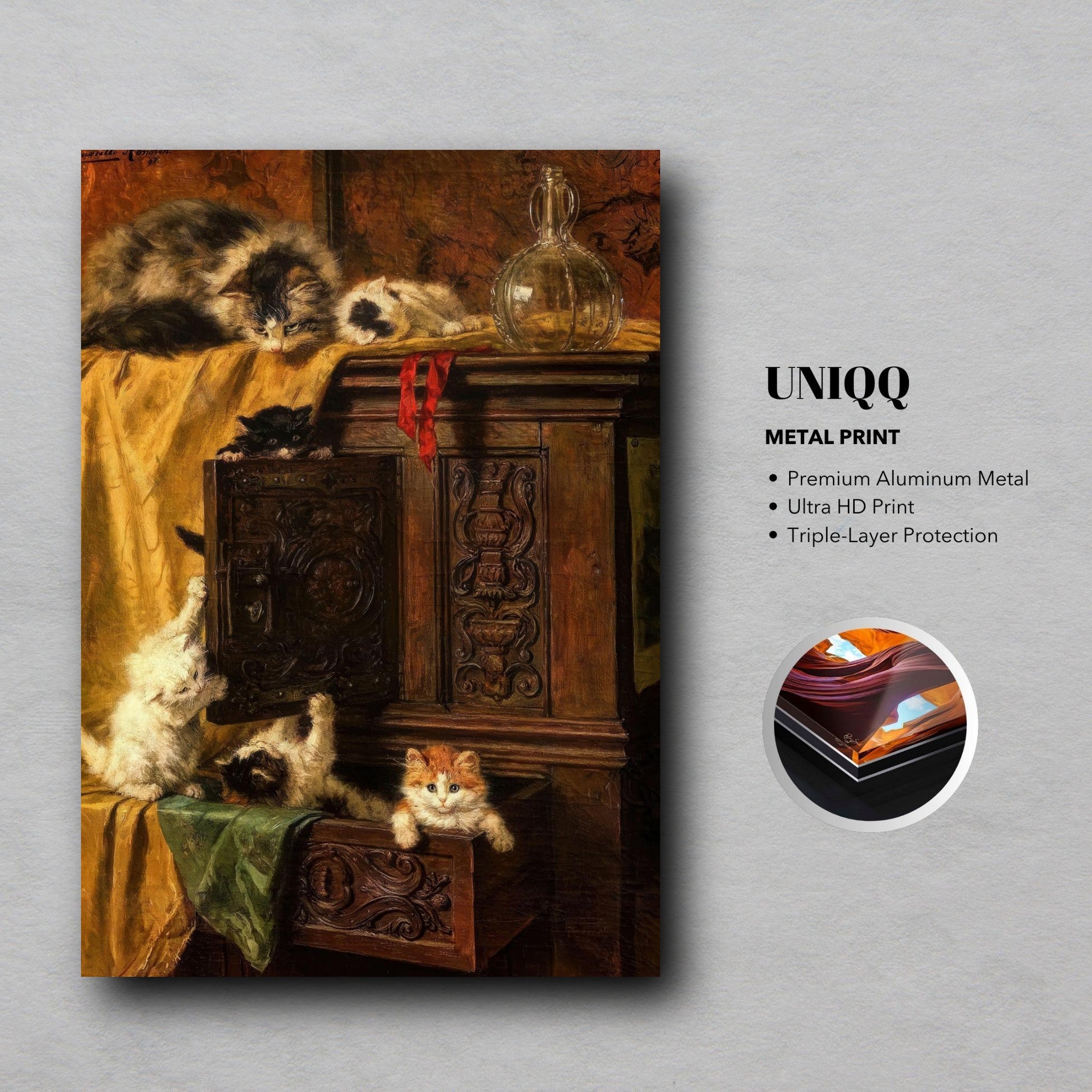 Vintage cat painting metal print featuring playful kittens on an antique cabinet, rich warm tones and classic artistry.