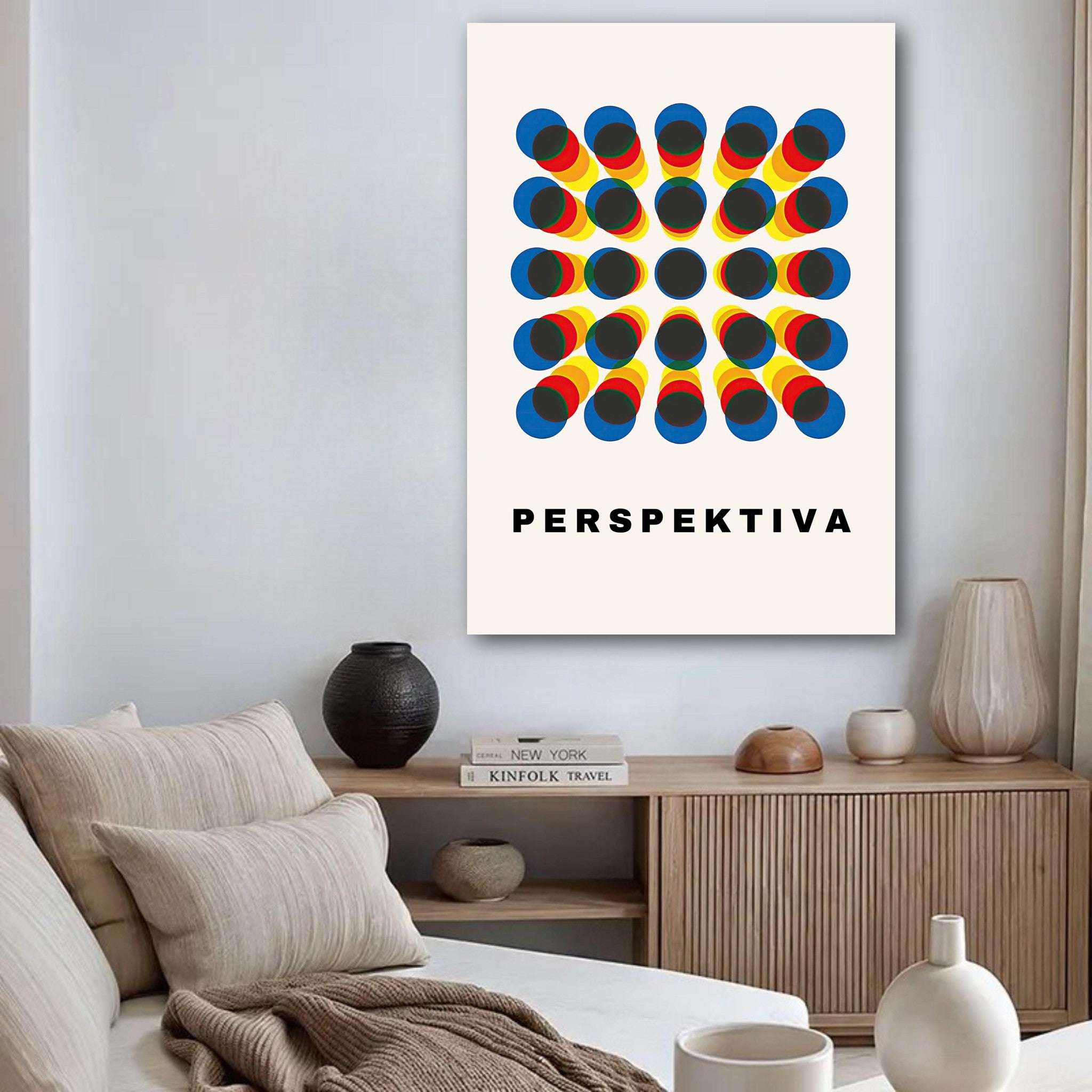 Perspective Abstract Art Poster featuring geometric pattern and vibrant colors in a modern interior setting.