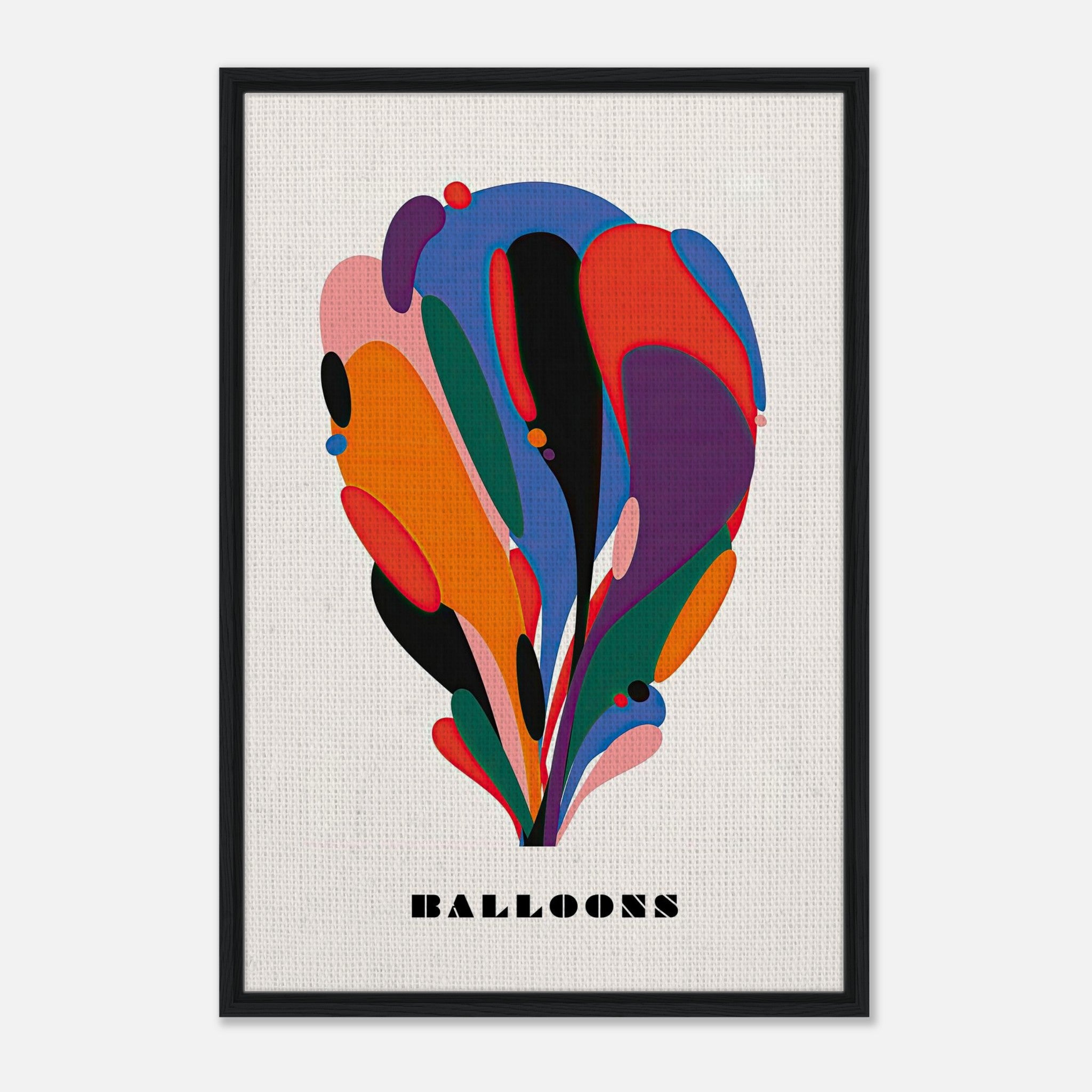 Vibrant abstract balloon art framed canvas print with dynamic colors and modern design, perfect for elevating home decor.