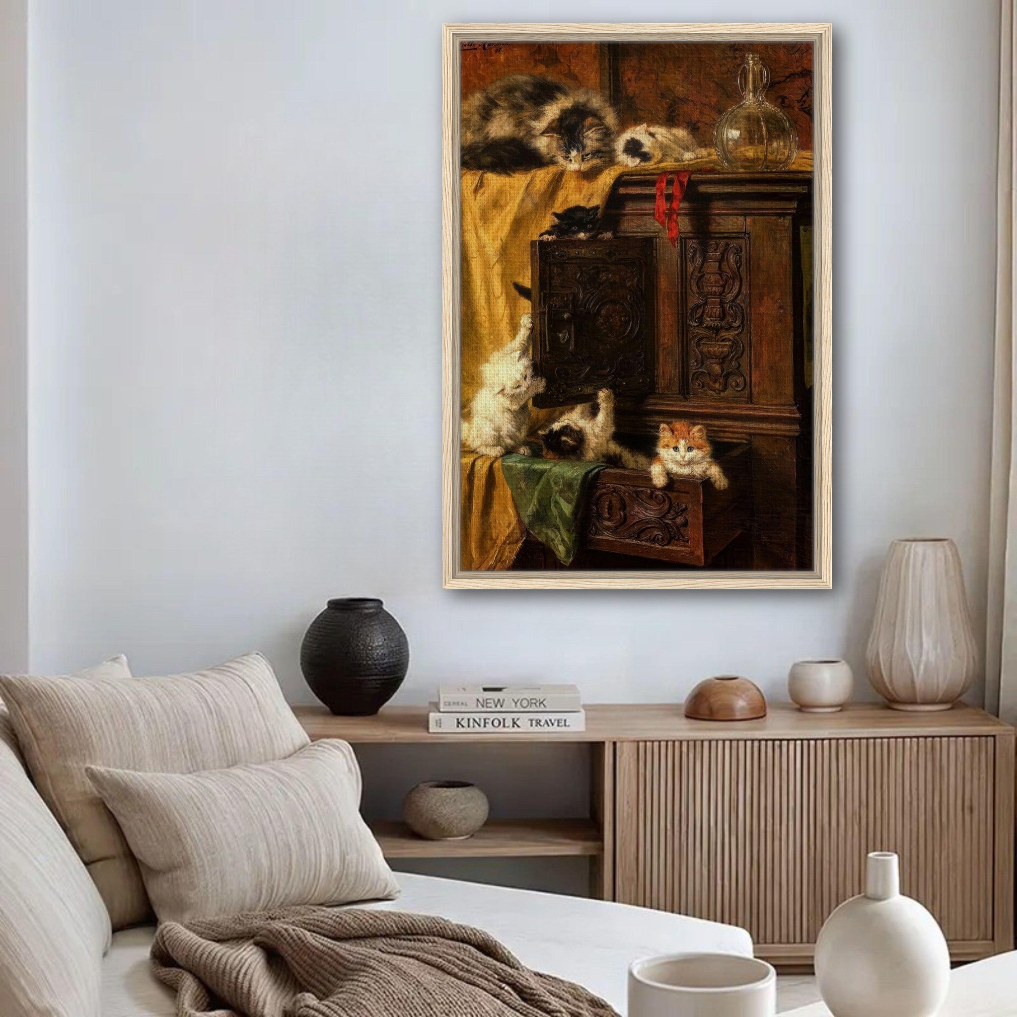 Vintage cat painting framed canvas print featuring playful kittens on an ornate wooden cabinet, adding charm to home decor.