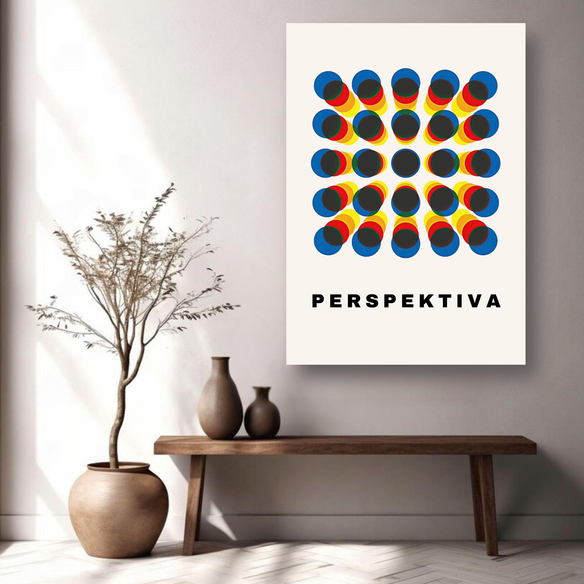 Perspective Abstract Art Metal Print showcasing vibrant geometric shapes in red, yellow, and blue, enhancing modern decor.