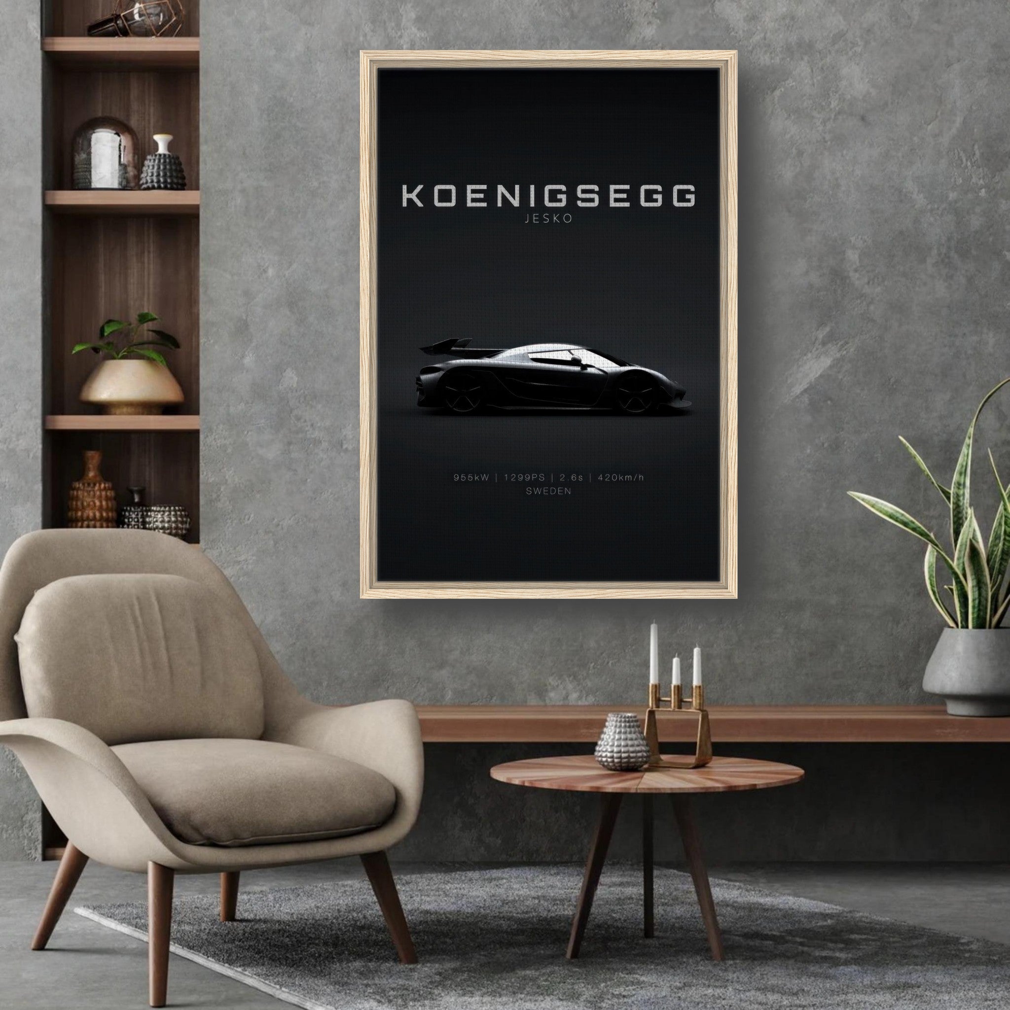 Koenigsegg Jesko framed canvas print featuring sleek hypercar design against a minimalist black background.