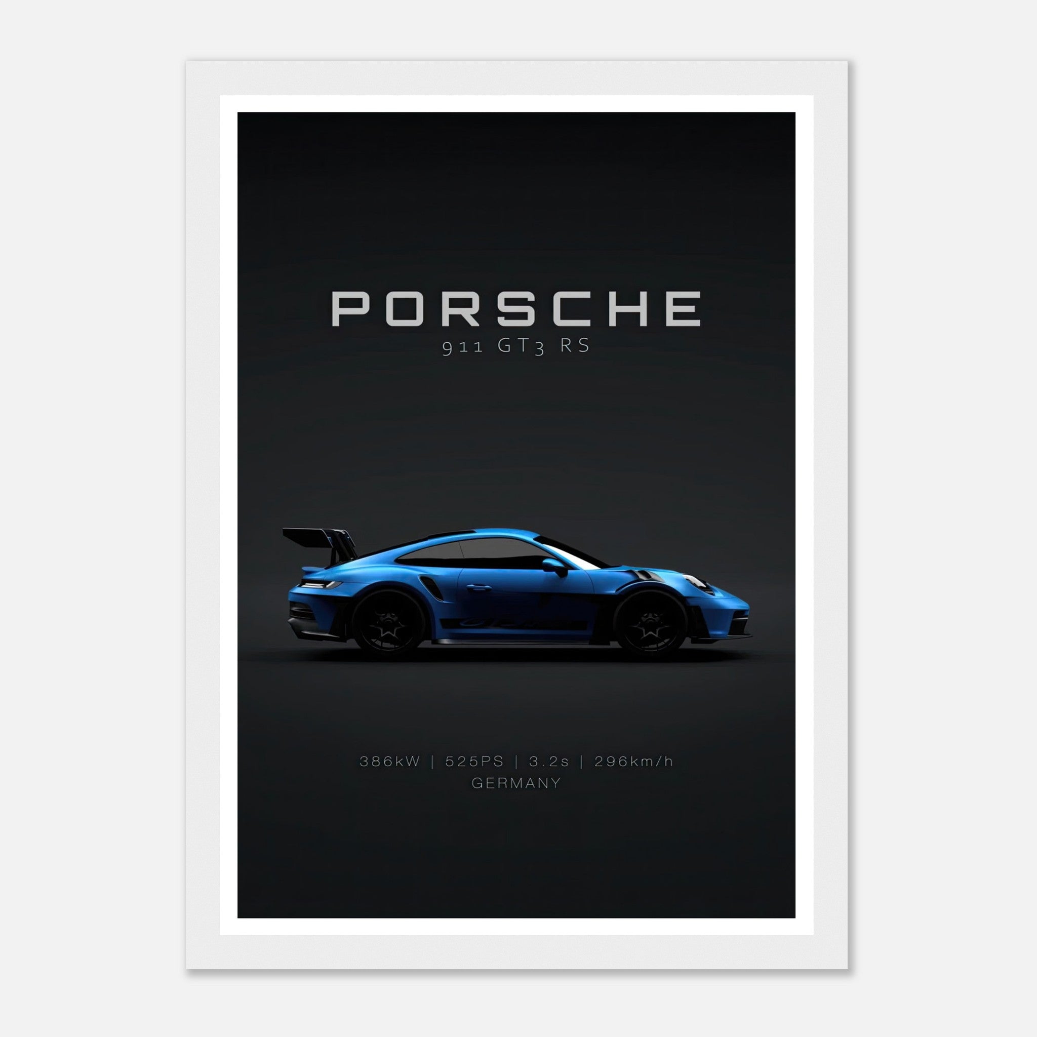 Framed poster of Porsche 911 GT3 RS showcasing sleek blue sports car design and performance stats.