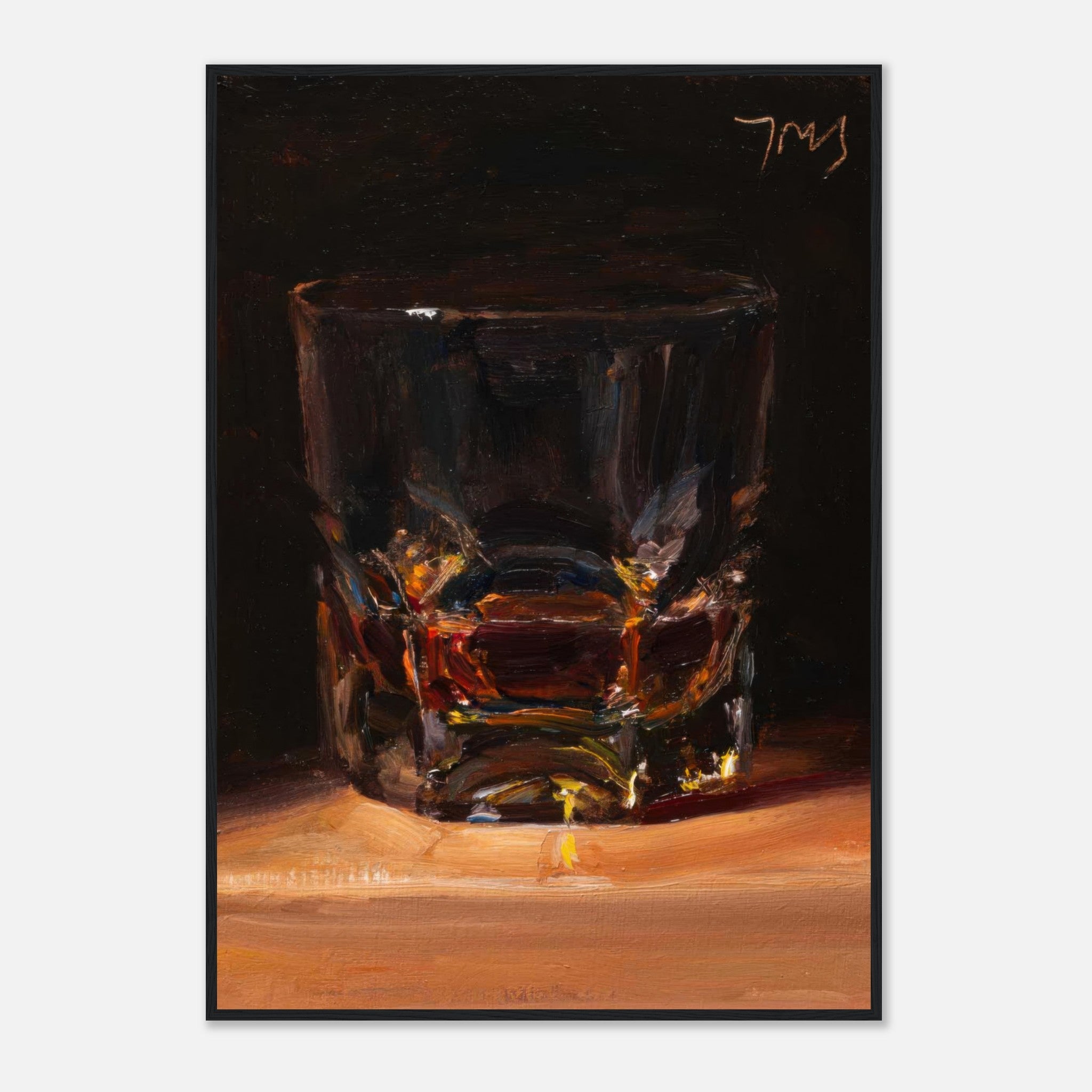 Oil painting of a whiskey glass showcasing rich amber tones for bar or dining decor.