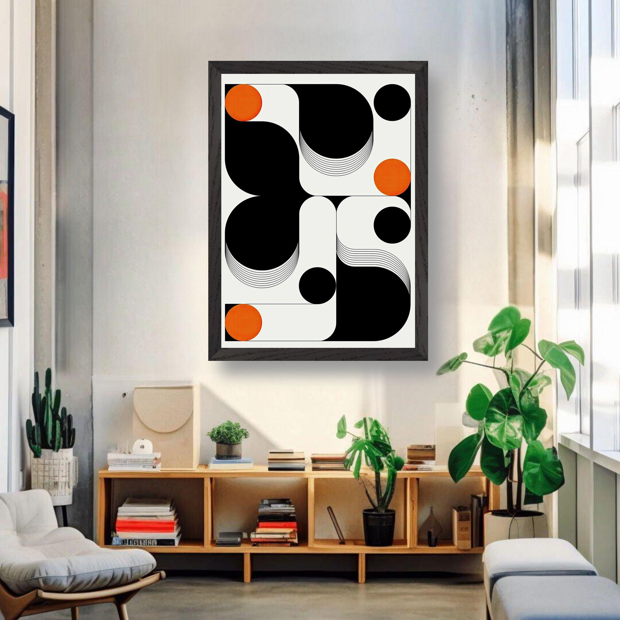Modern geometric abstract art print in vintage frame, featuring bold black shapes and vibrant orange accents.