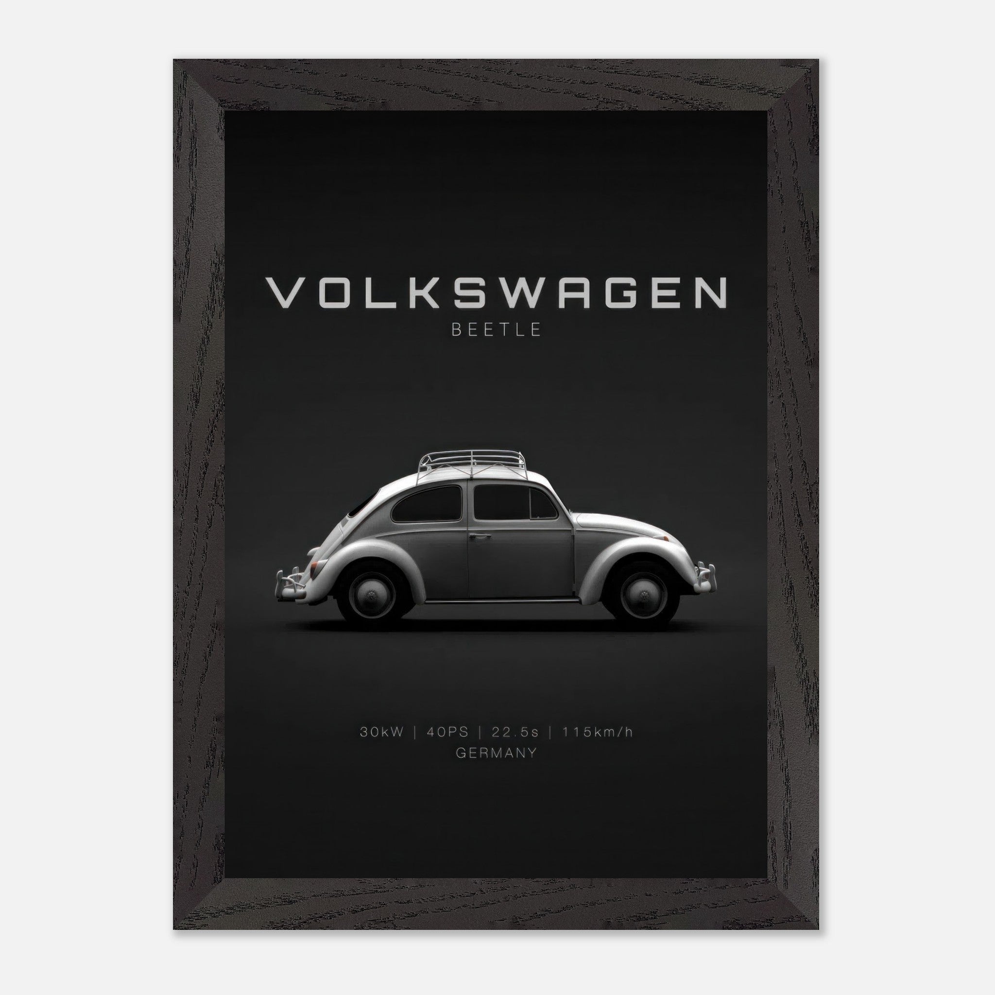 Volkswagen Beetle vintage framed art featuring sleek silver design on a minimalist black background.