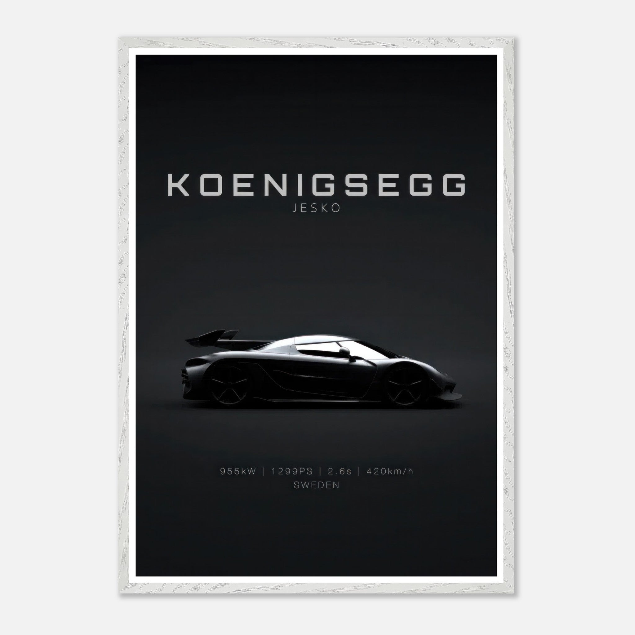 Koenigsegg Jesko vintage framed art showcasing sleek silhouette on minimalist black background.