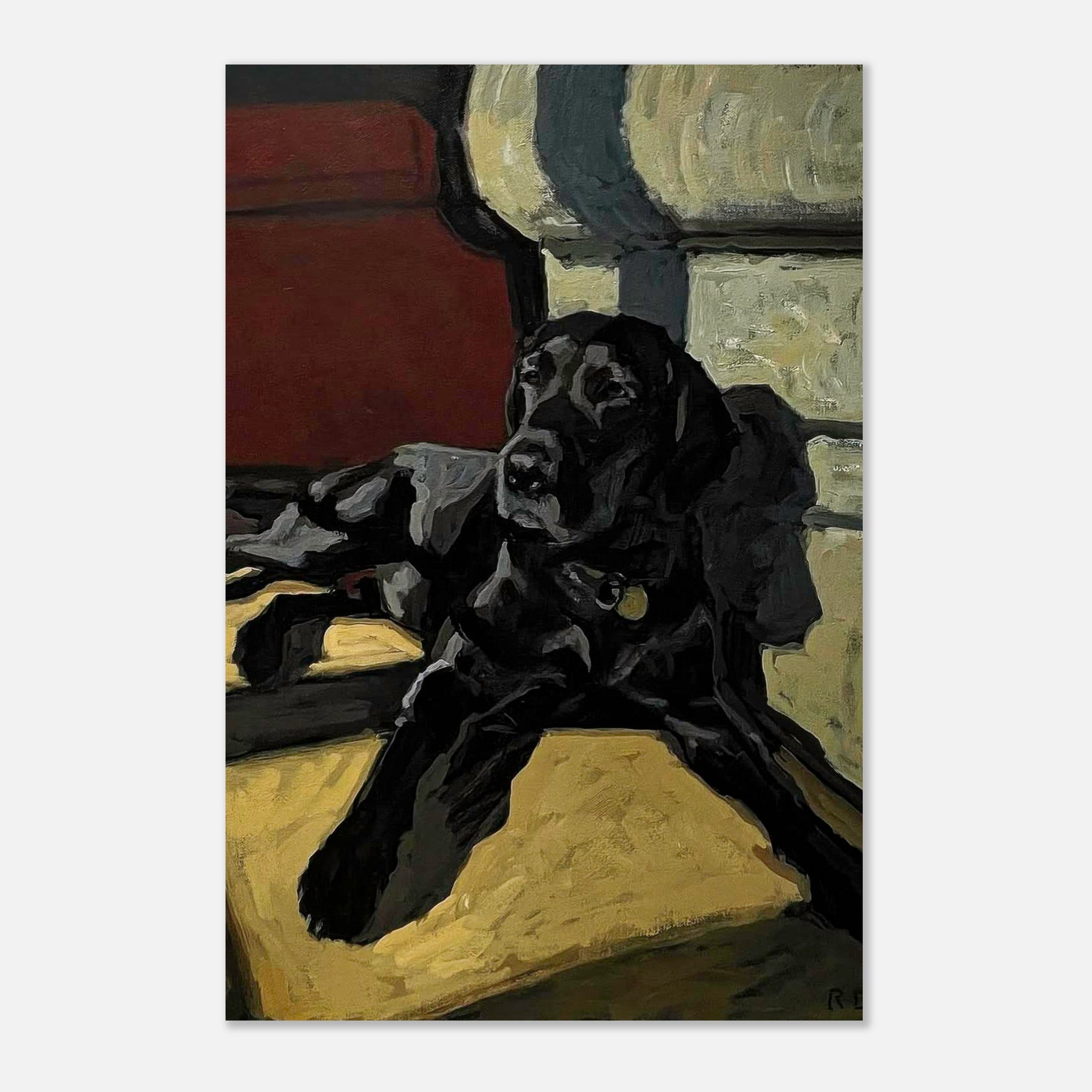 Black Labrador dog painting metal print featuring a resting black Lab in a serene setting, showcasing rich colors and expressive detail.