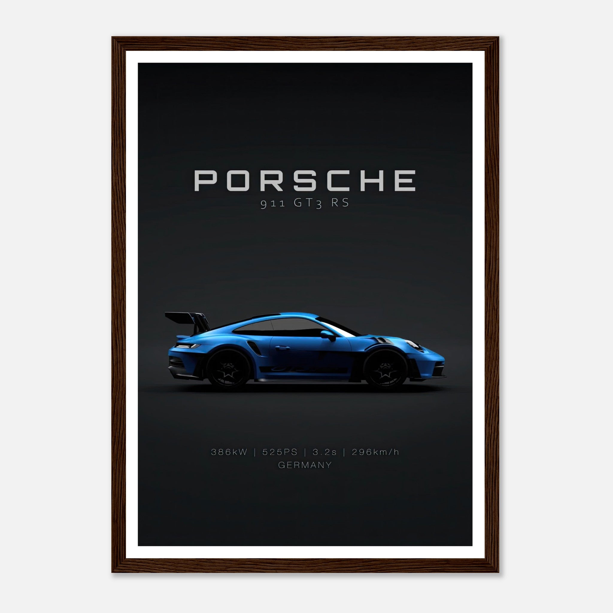 Framed poster of Porsche 911 GT3 RS showcasing its sleek design and performance specs.