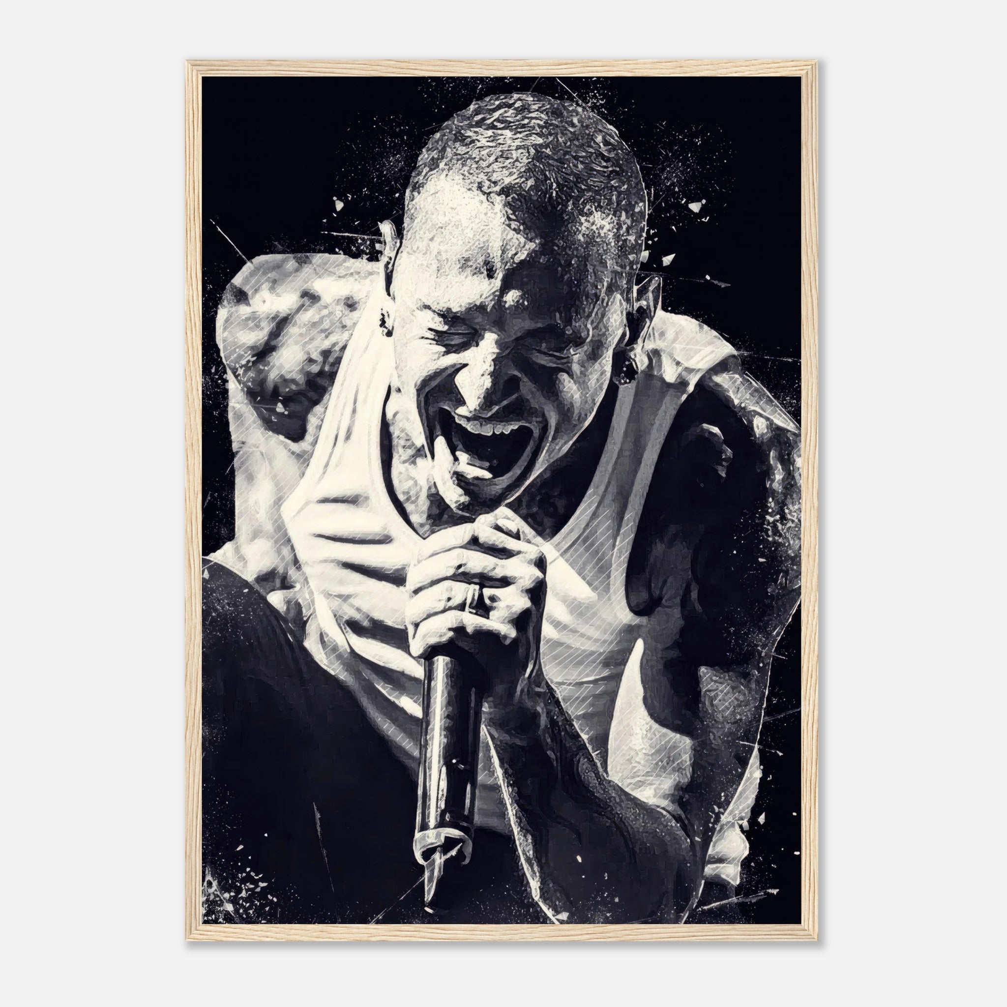 Chester Bennington framed print poster showcasing powerful black-and-white artwork of his dynamic stage presence.