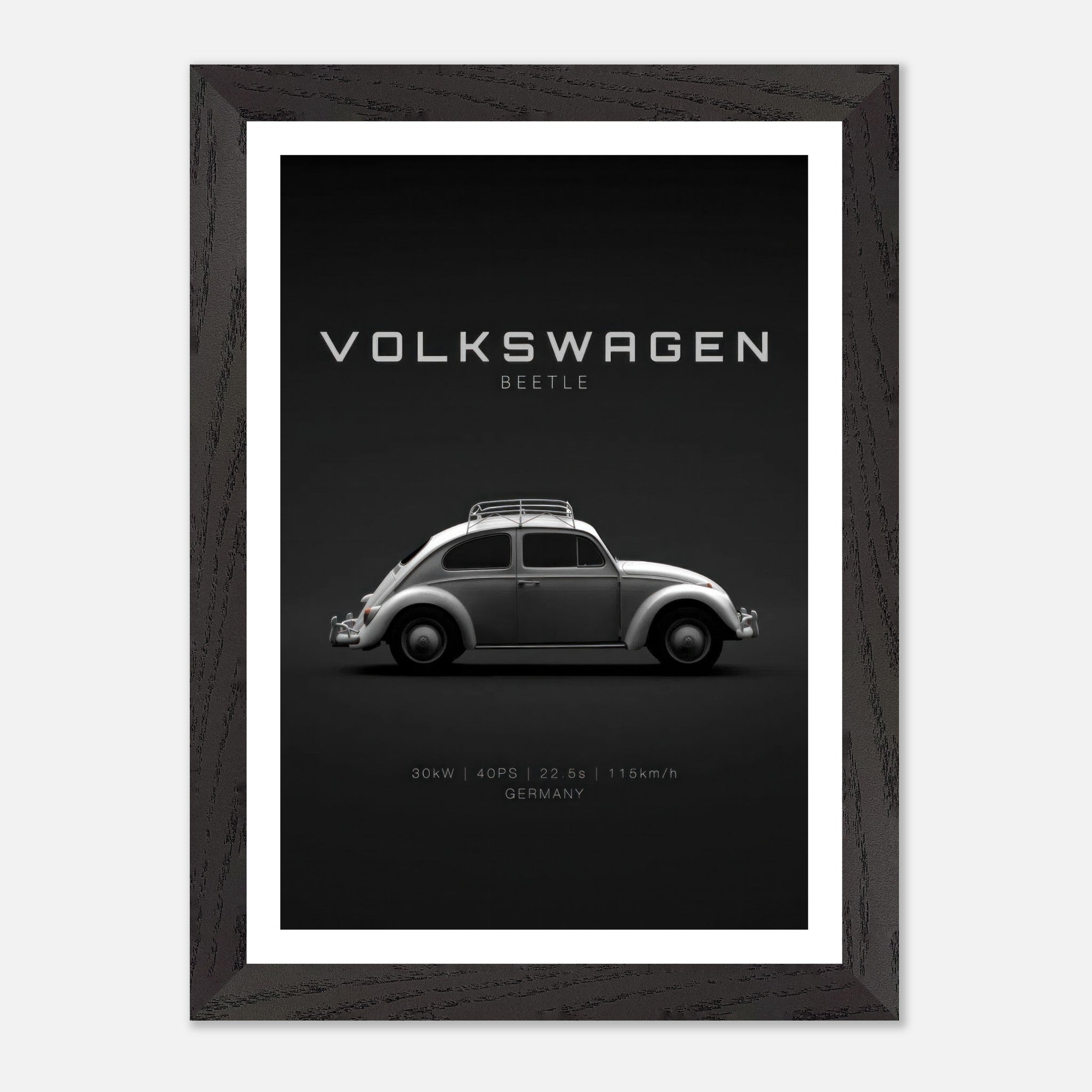 Volkswagen Beetle vintage framed art print featuring sleek silver design on a minimal black background.