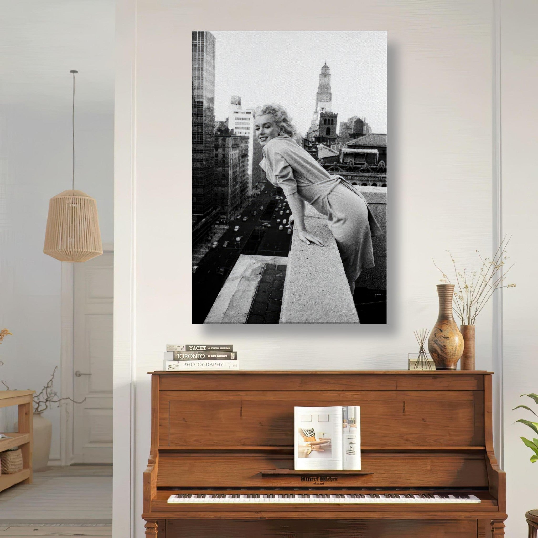 Iconic Marilyn Monroe canvas artwork overlooking New York City streets with timeless glamour.