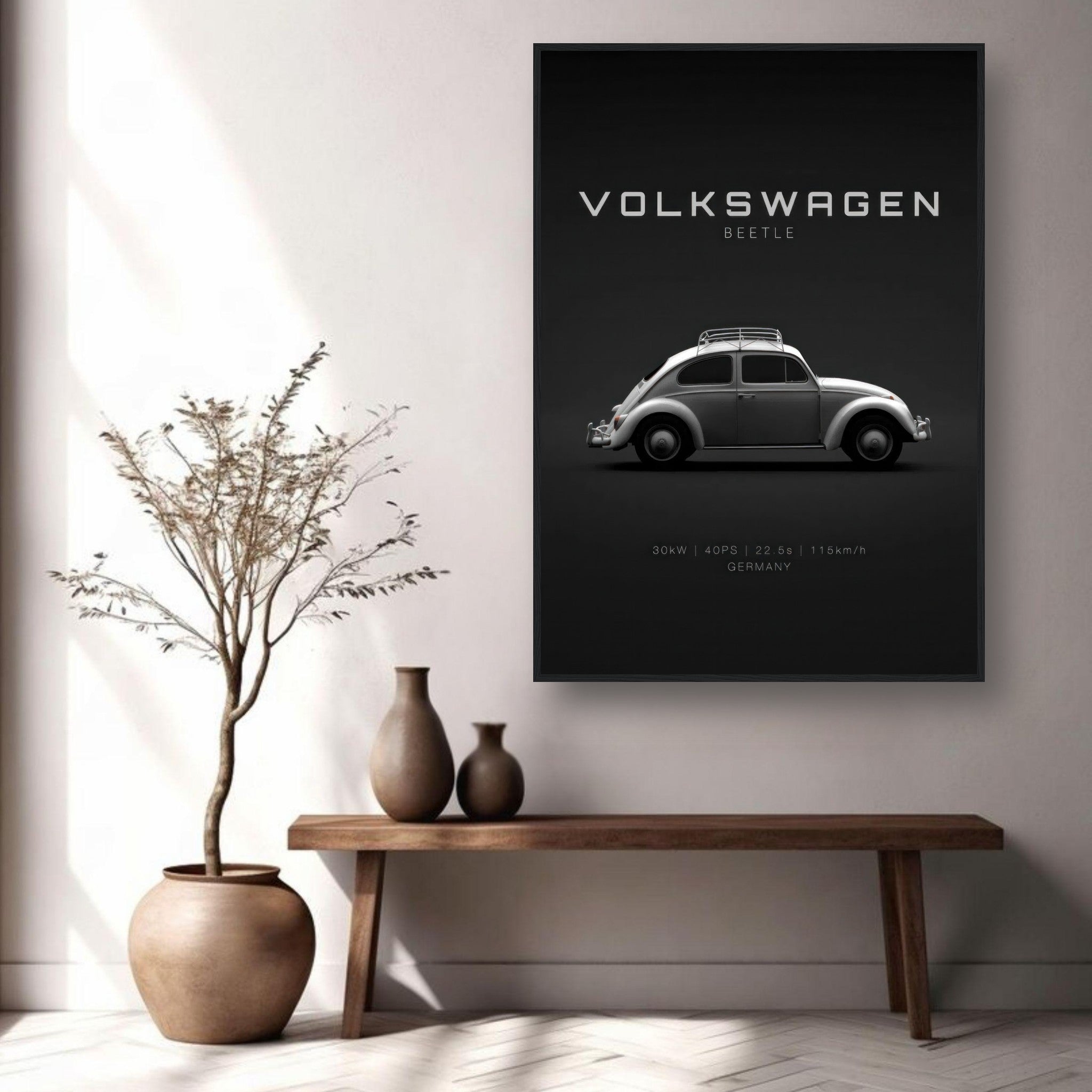 Volkswagen Beetle framed poster showcasing a sleek vintage car design against a minimalist black background.