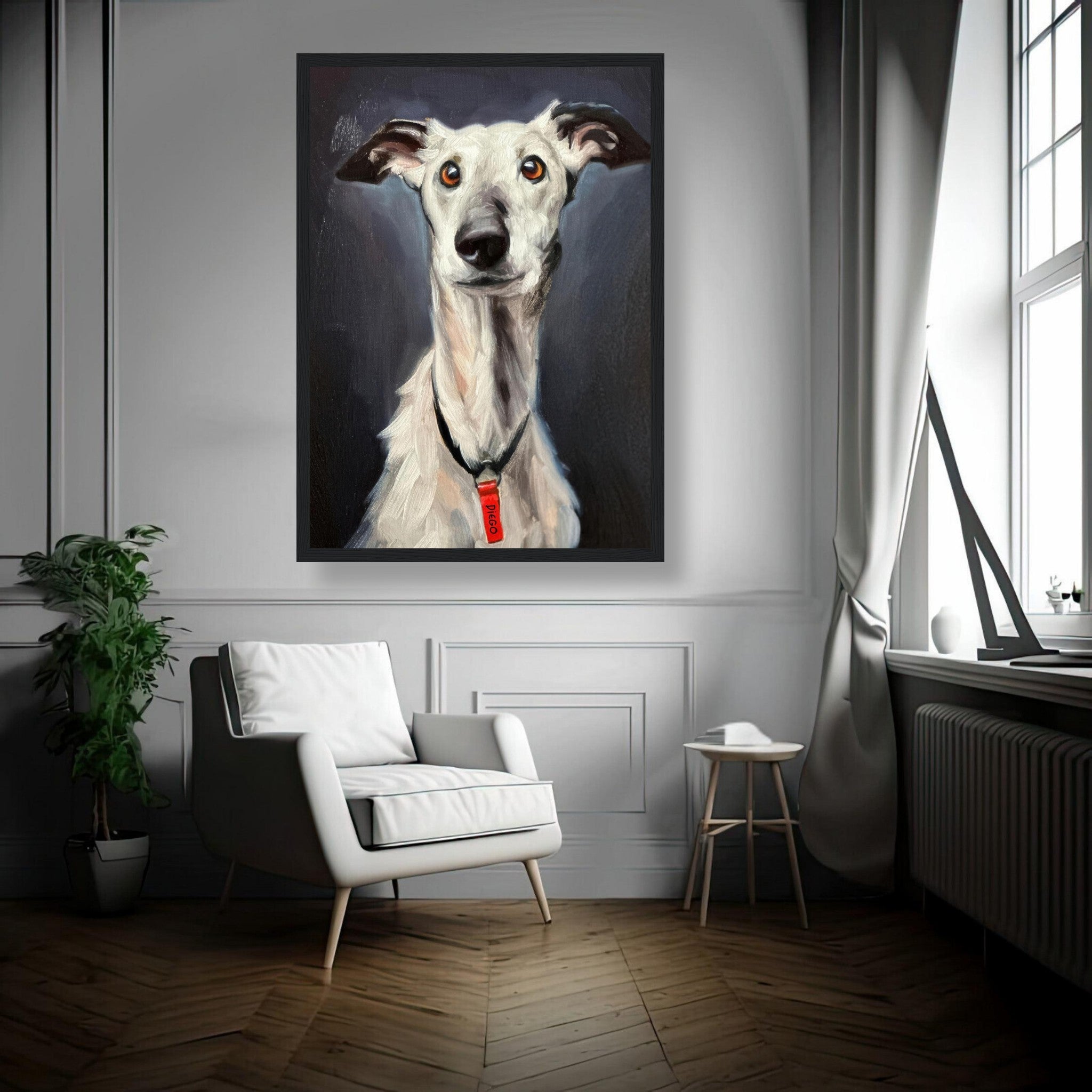 Framed Greyhound Dog Painting in modern living room, showcasing elegant canine portrait with vivid colors.