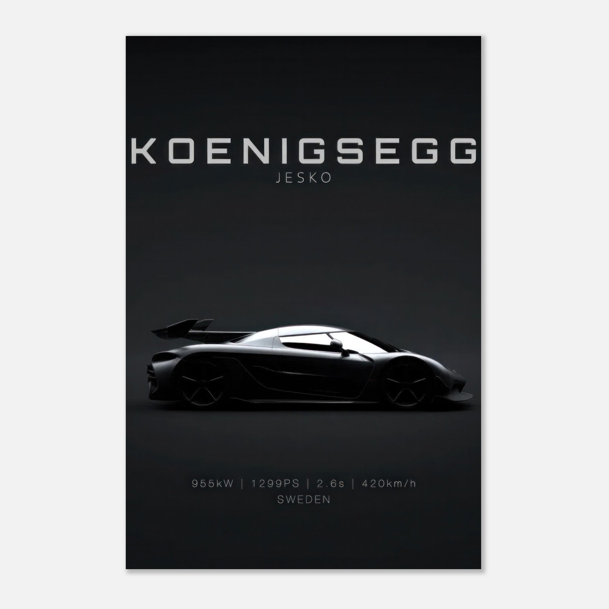 Koenigsegg Jesko metal print showcasing sleek hypercar silhouette against a minimalist black background.