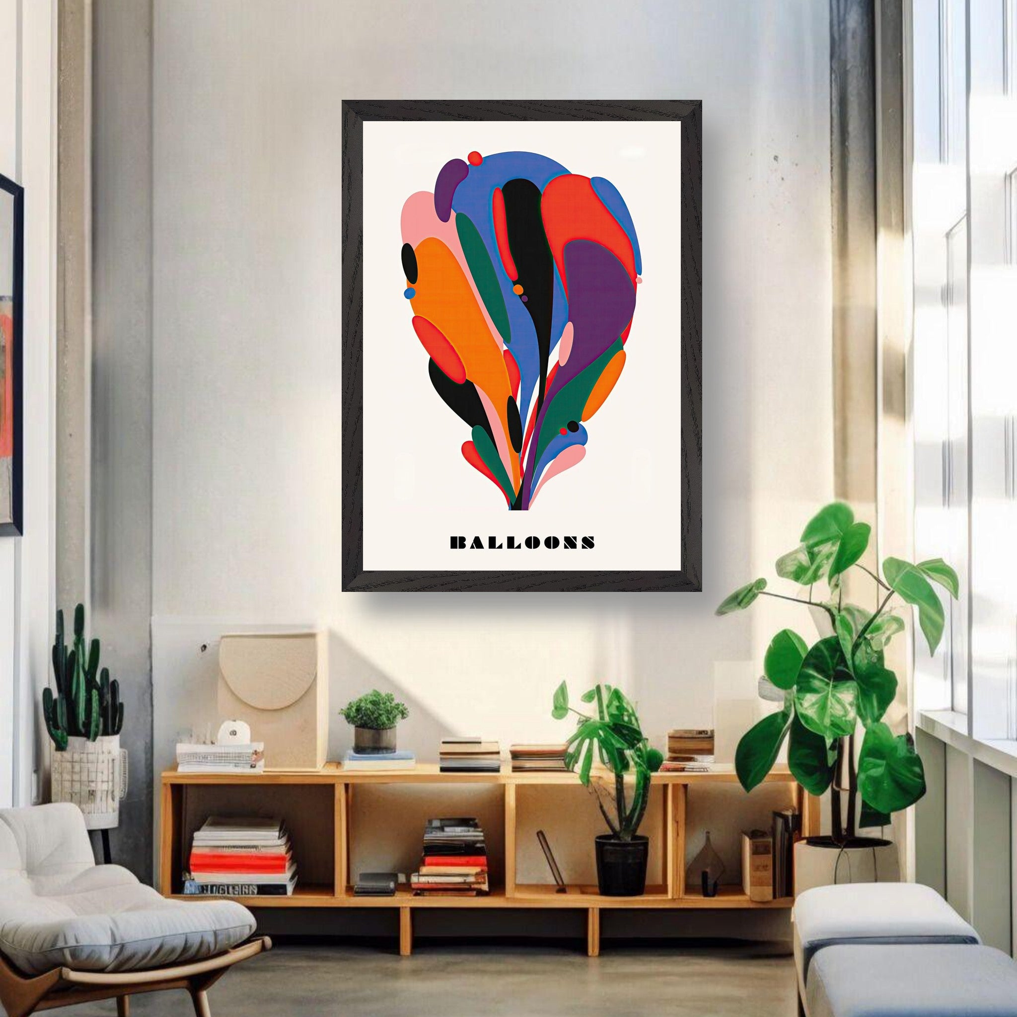 Colorful abstract balloon art print in a modern living room setting with plants and shelves.