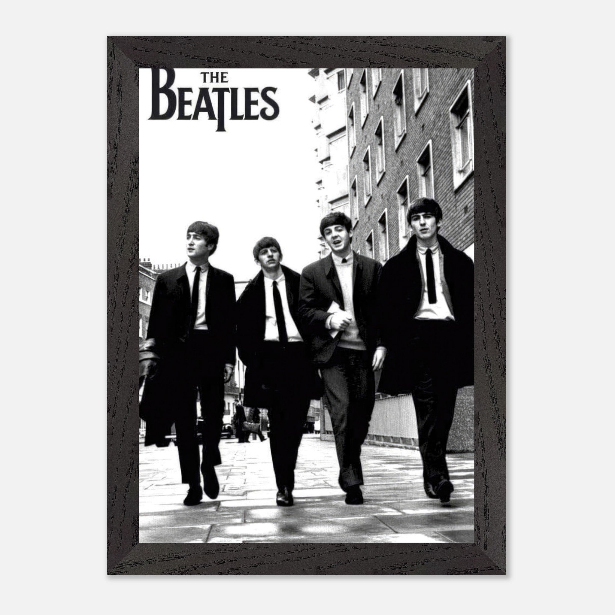 Vintage framed print of The Beatles walking together in black and white, perfect for music lovers and collectors.