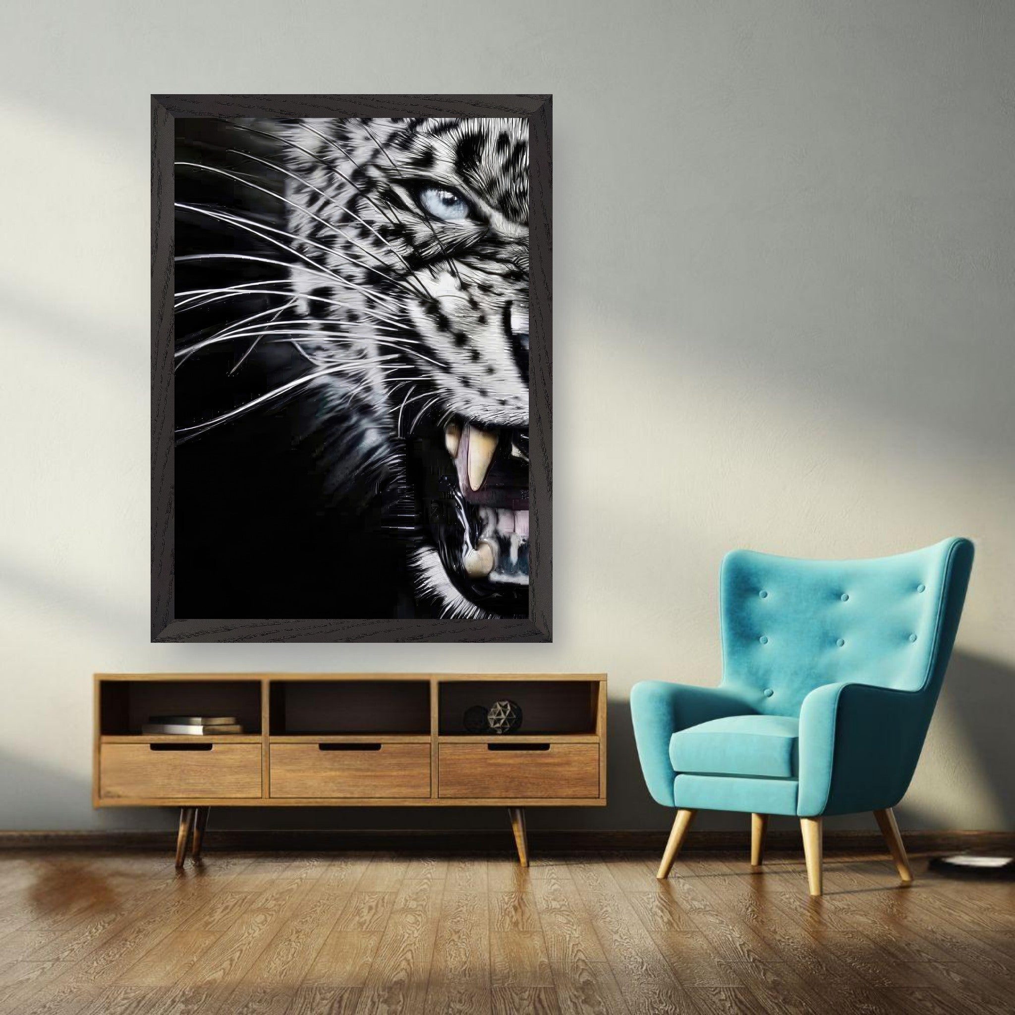 Leopard close-up portrait vintage framed print showcasing intense blue eyes and sharp fangs in a stylish interior.