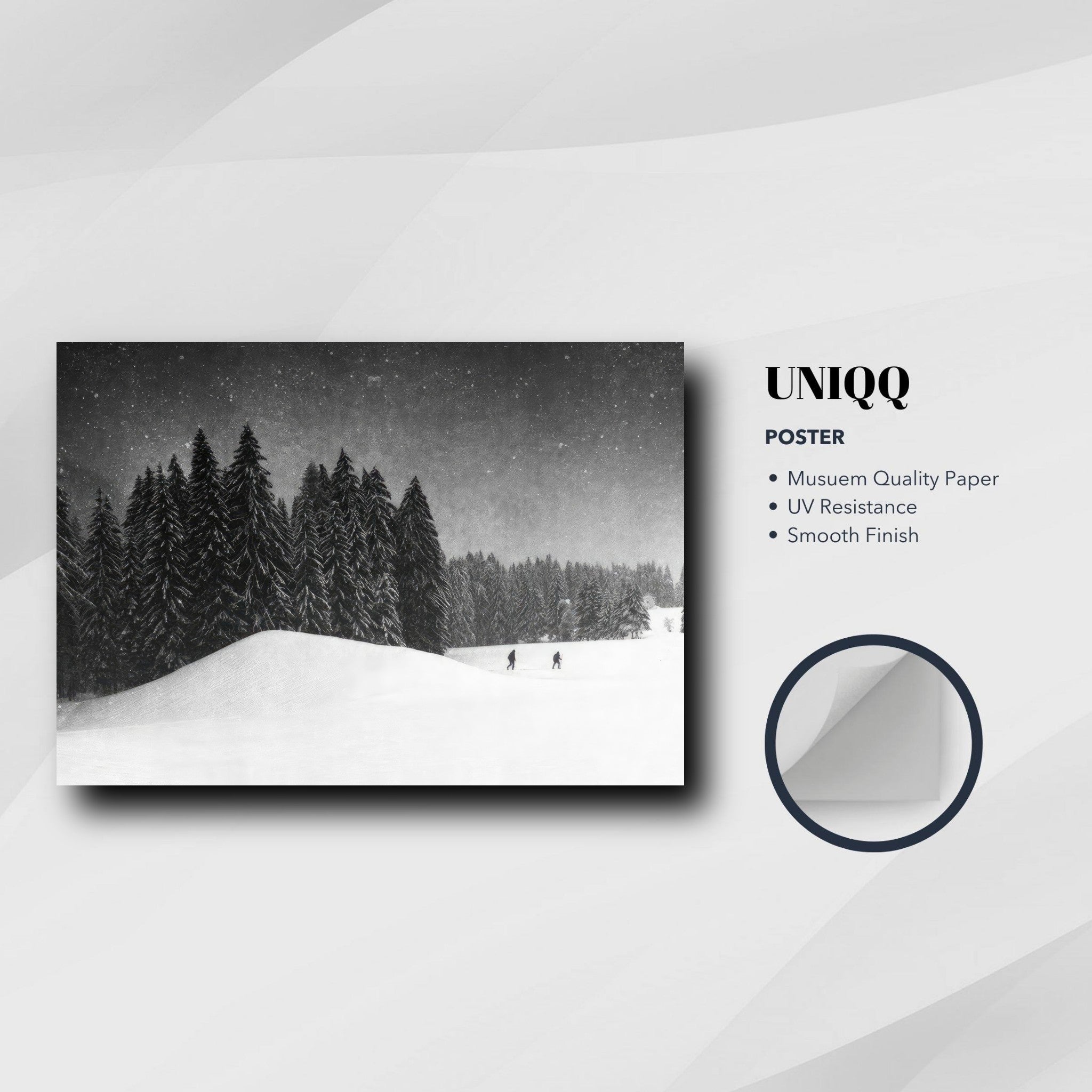 Winter Crossing poster showcasing snow-covered landscape and towering evergreens with a serene, elegant design.