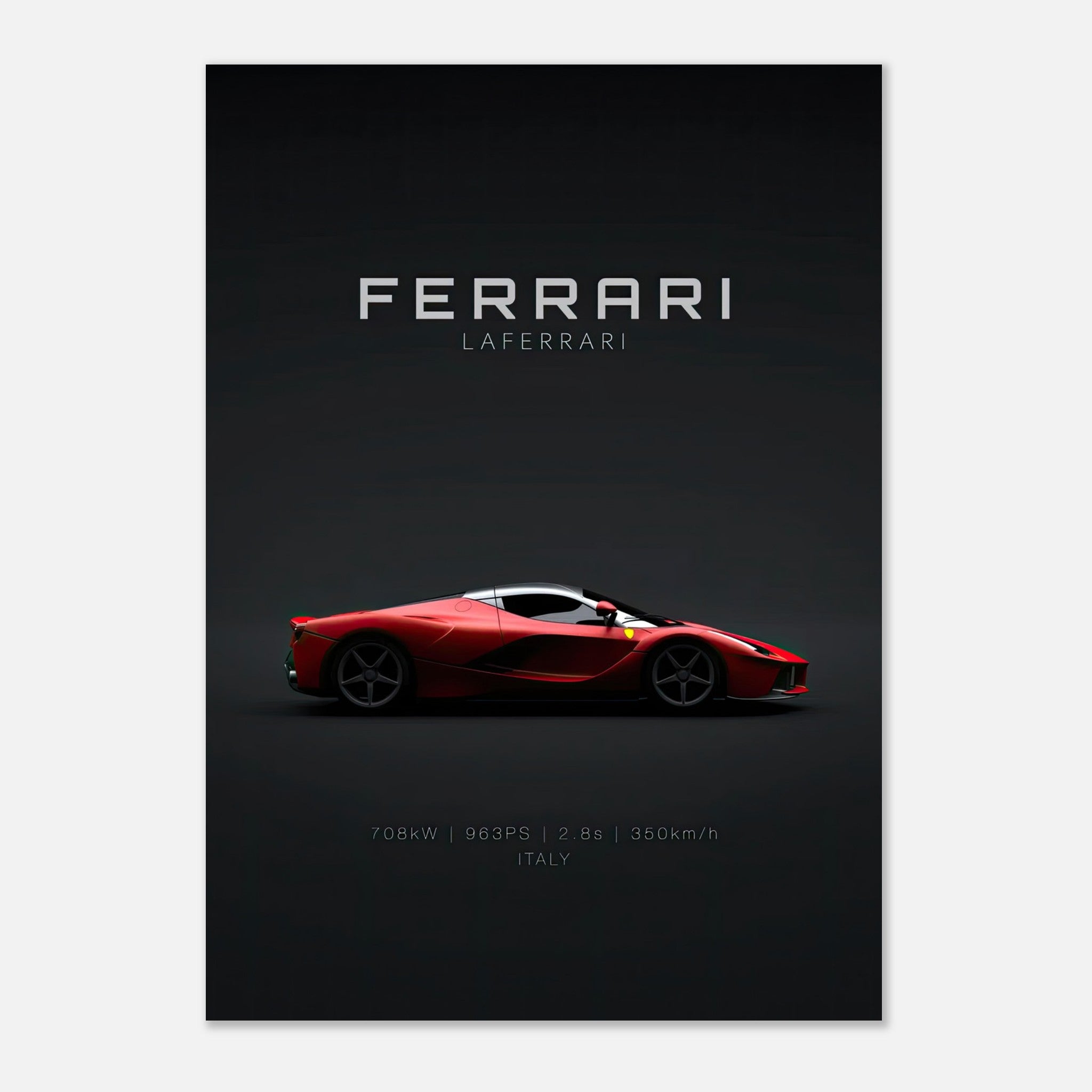 Ferrari Laferrari poster featuring a sleek profile against a black background, highlighting the car's vibrant red color.