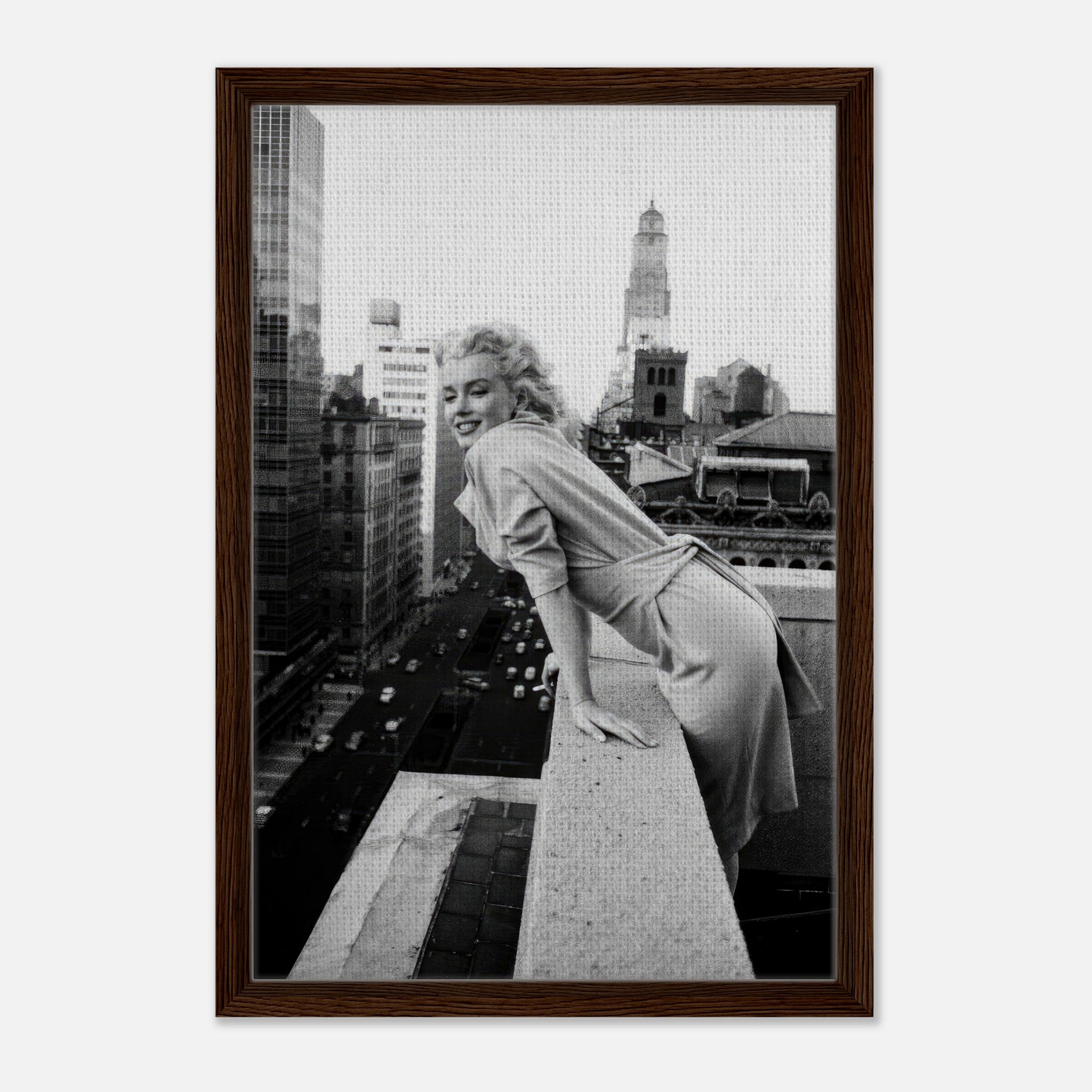 Marilyn Monroe on the rooftops of New York City in a classic black-and-white framed canvas print.