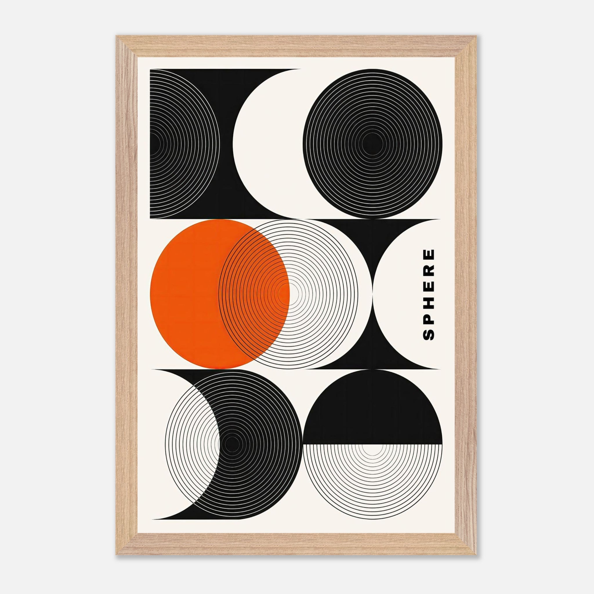 Abstract geometric sphere art print featuring concentric circles in black, white, and orange, framed in light wood.