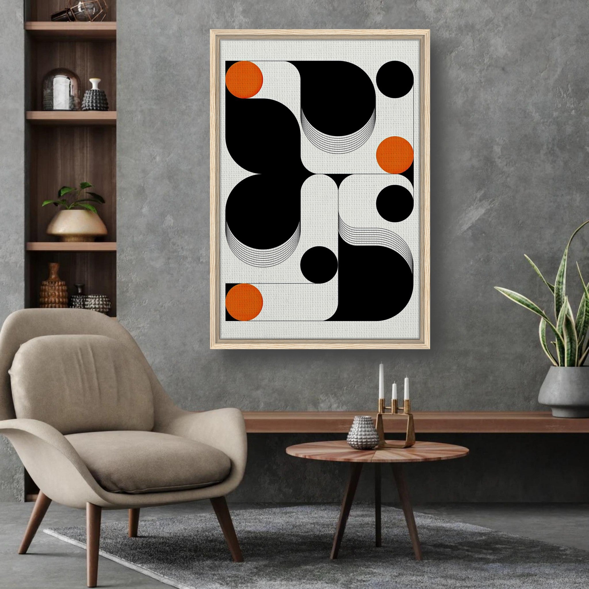 Modern geometric abstract art framed canvas print featuring black, white, and orange shapes in a stylish living room.