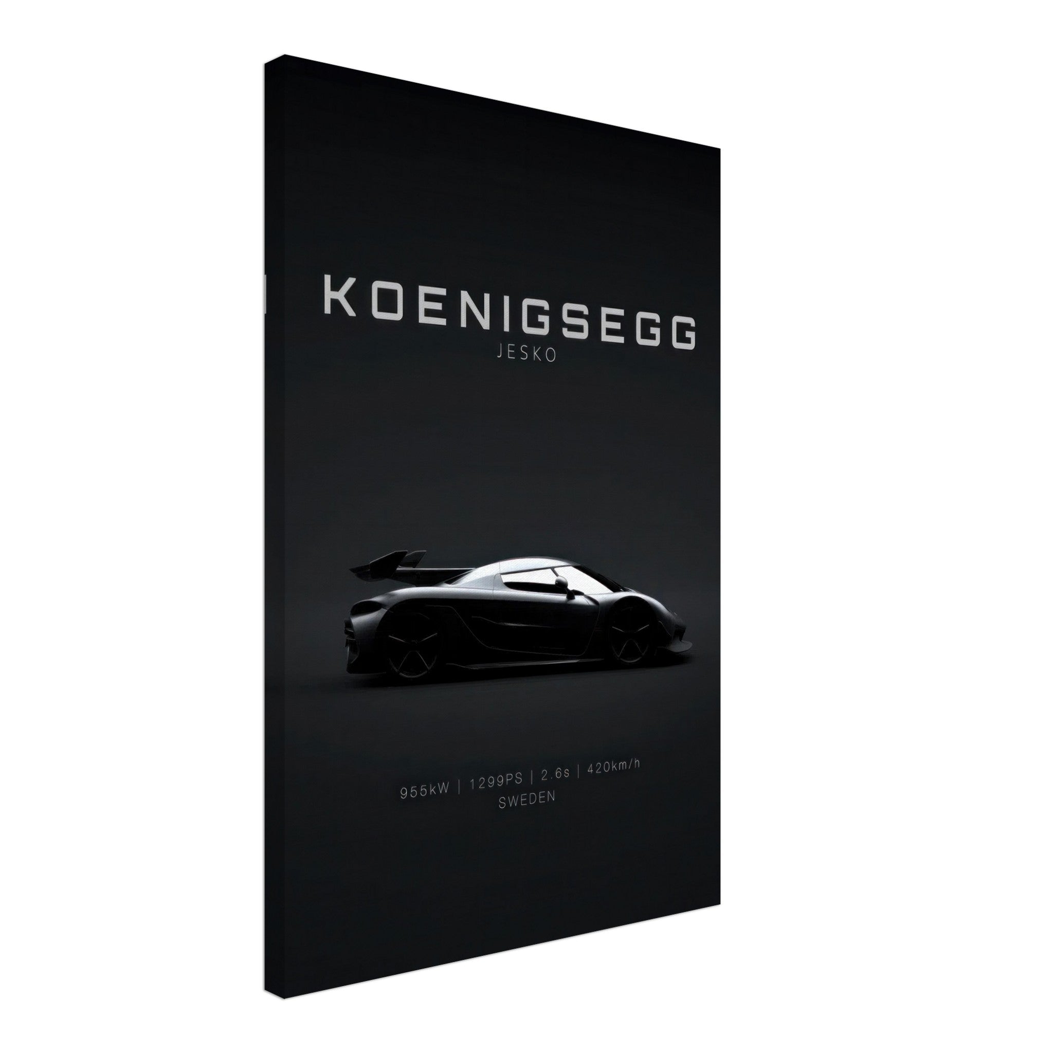 Koenigsegg Jesko canvas art showcasing a sleek silhouette on a minimalistic black background.