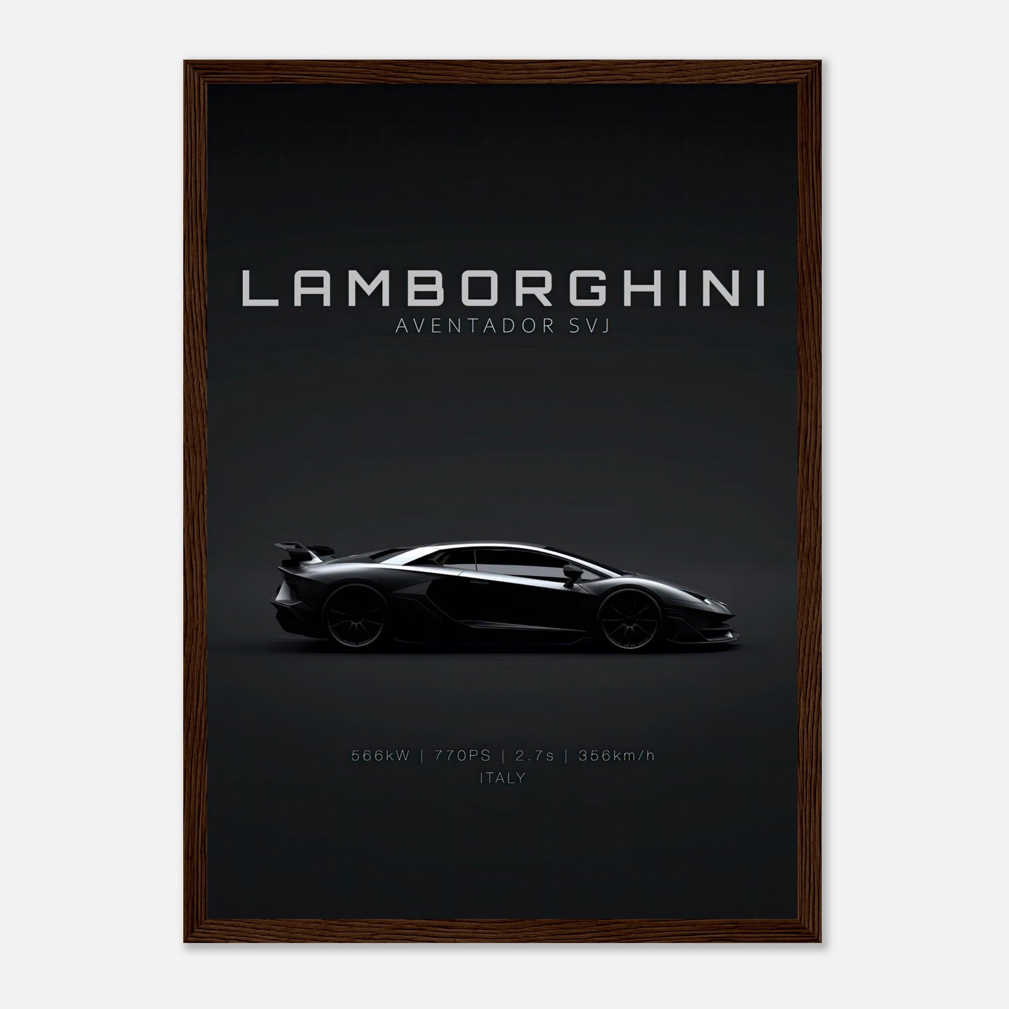 Lamborghini Aventador SVJ Framed Poster showcasing its sleek silhouette and iconic design.