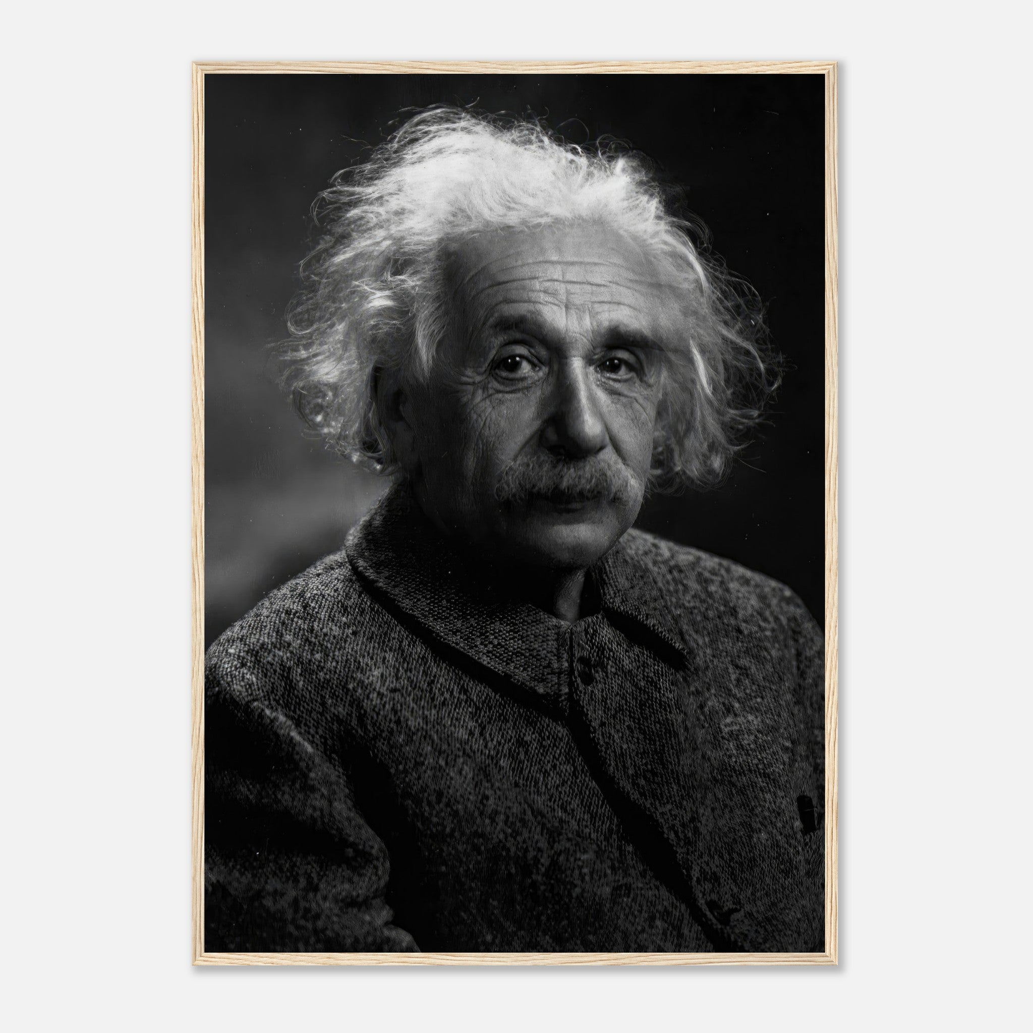 Framed portrait of Albert Einstein in black-and-white, showcasing his thoughtful expression and iconic hairstyle.