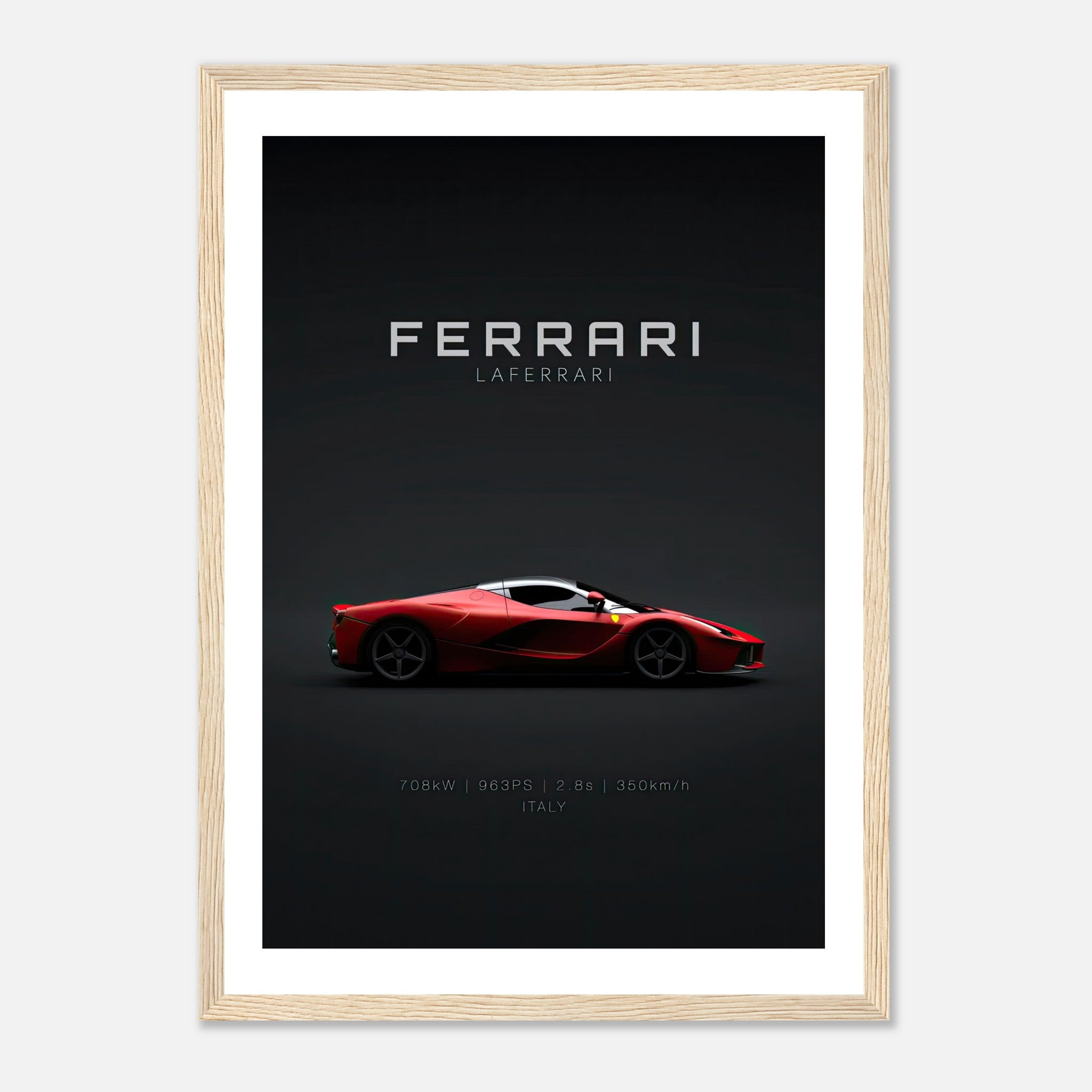 Ferrari Laferrari framed poster in red against a dark background, showcasing the iconic hypercar design.