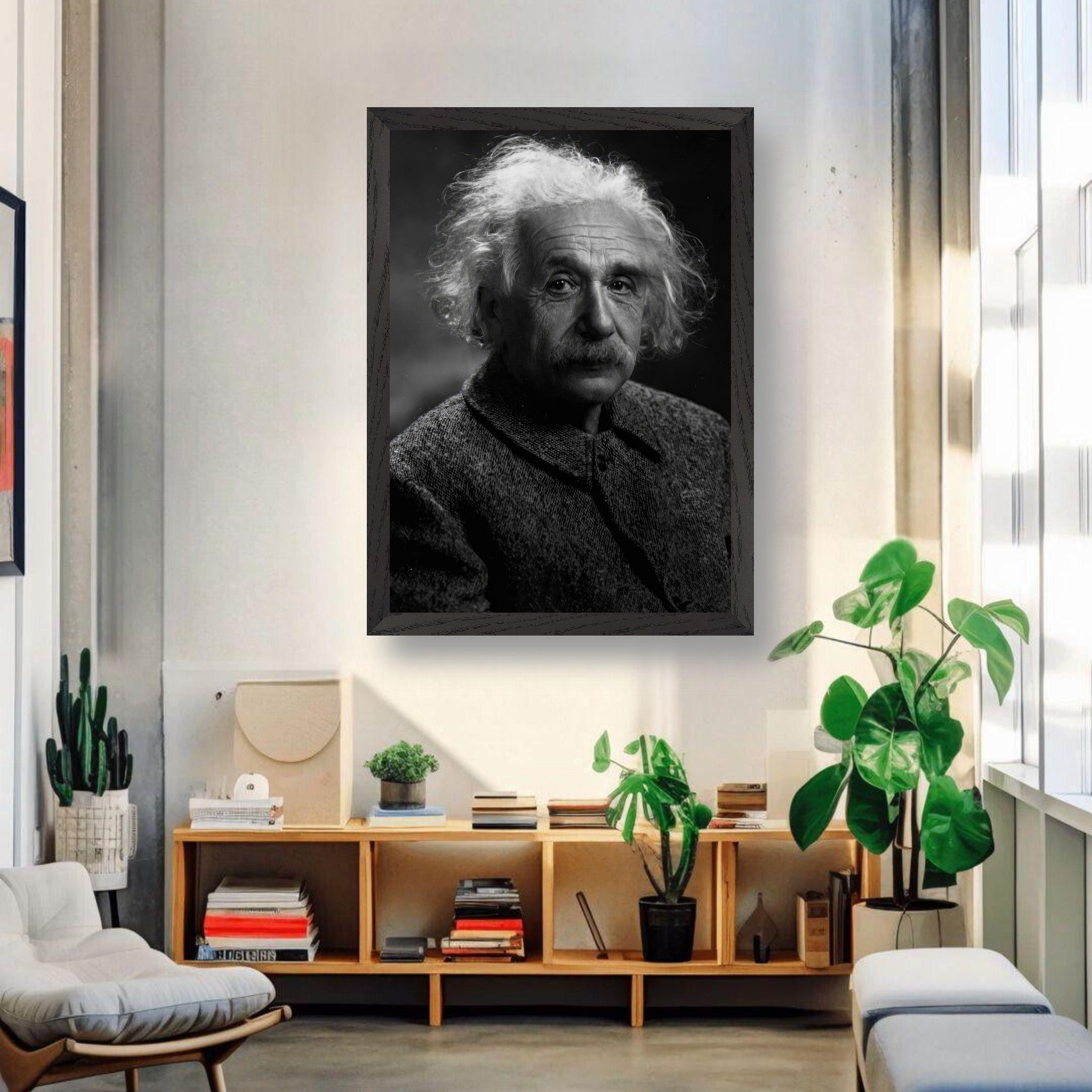 Vintage framed portrait of Albert Einstein in a stylish modern interior, showcasing his timeless brilliance.
