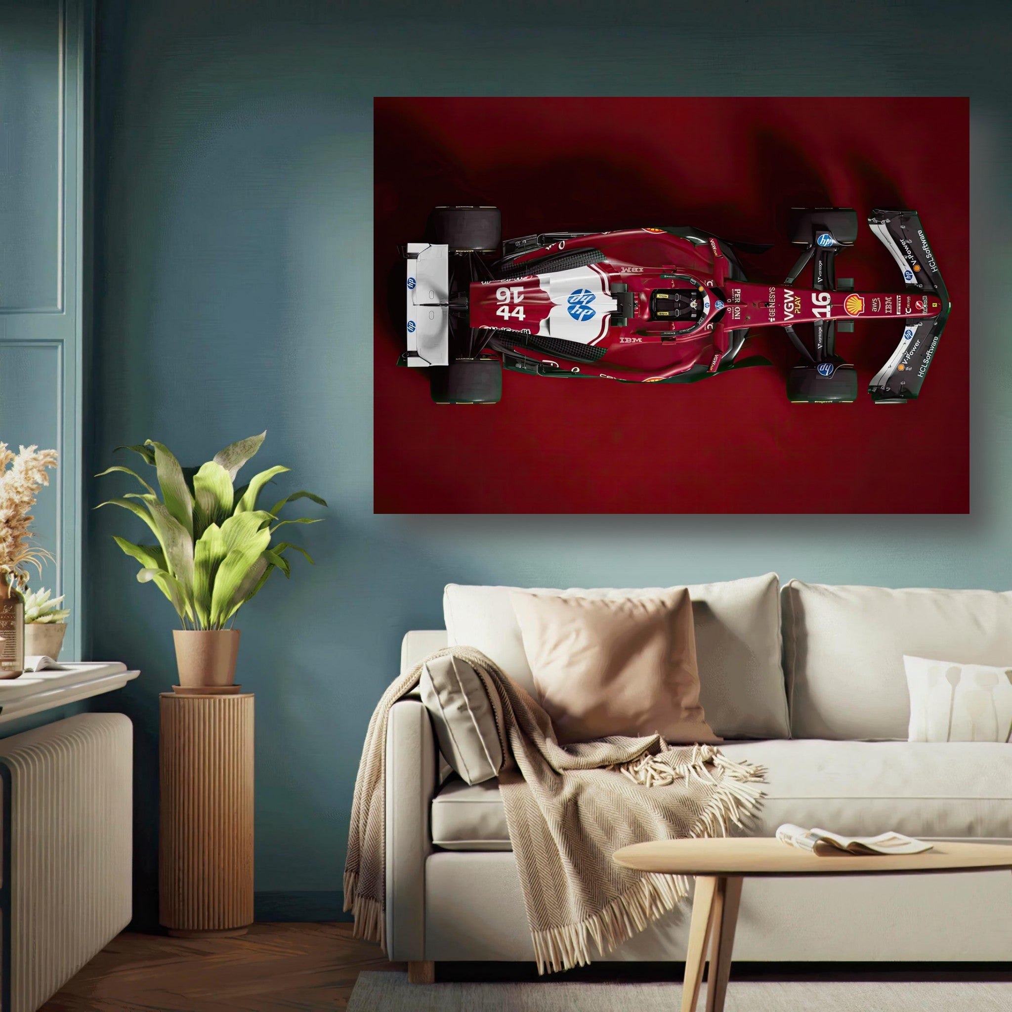 Ferrari F1 2025 metal print showcasing a top view of the sleek race car against a deep red background.