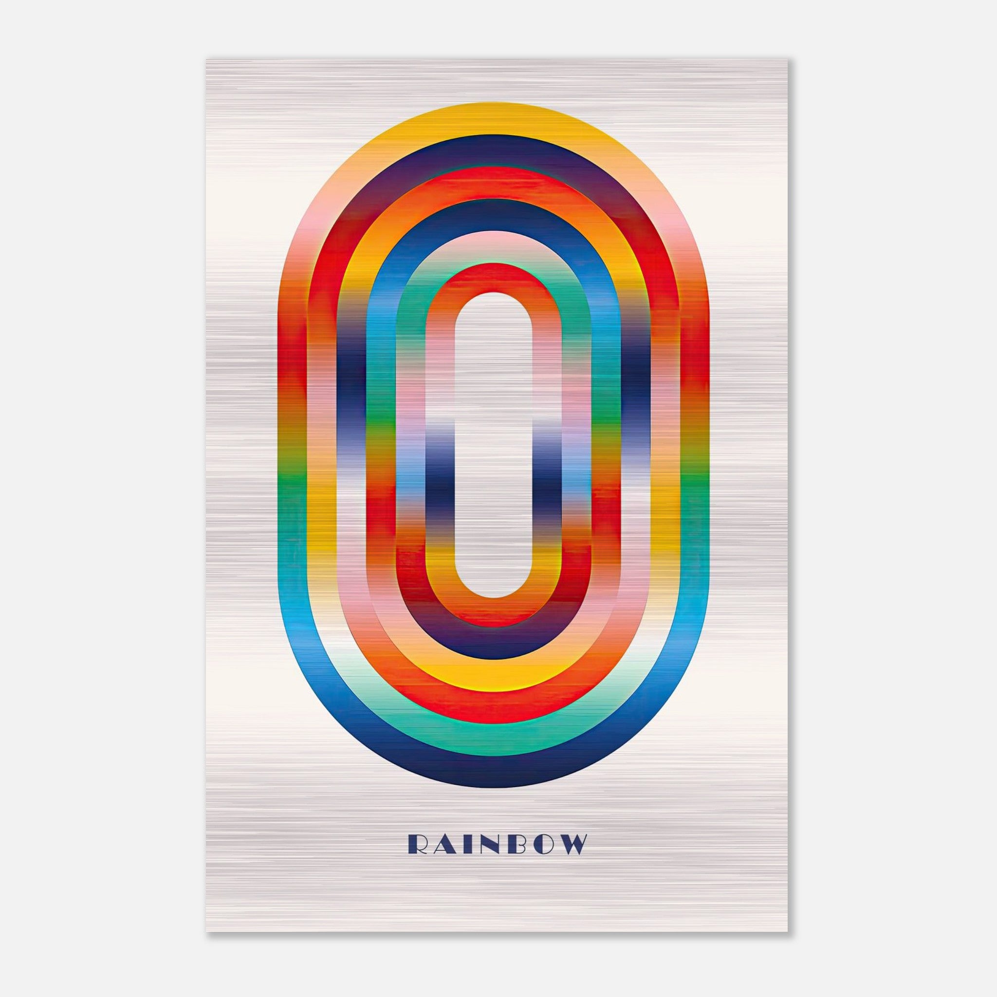 Abstract rainbow geometric art print on brushed metal surface, featuring vibrant colors and sleek patterns.