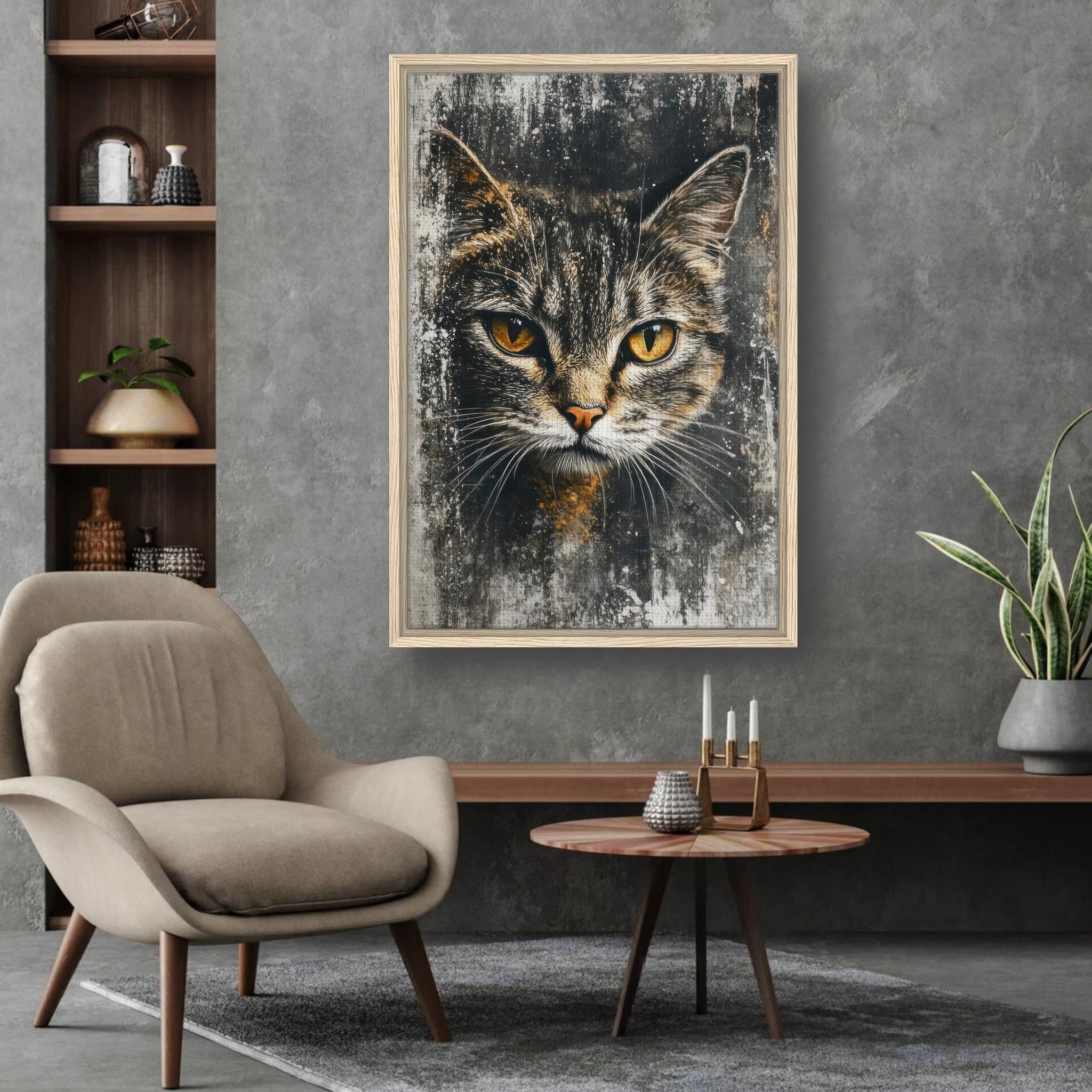 Framed cat painting artwork featuring a close-up of a cat's intense gaze in a stylish interior setting.