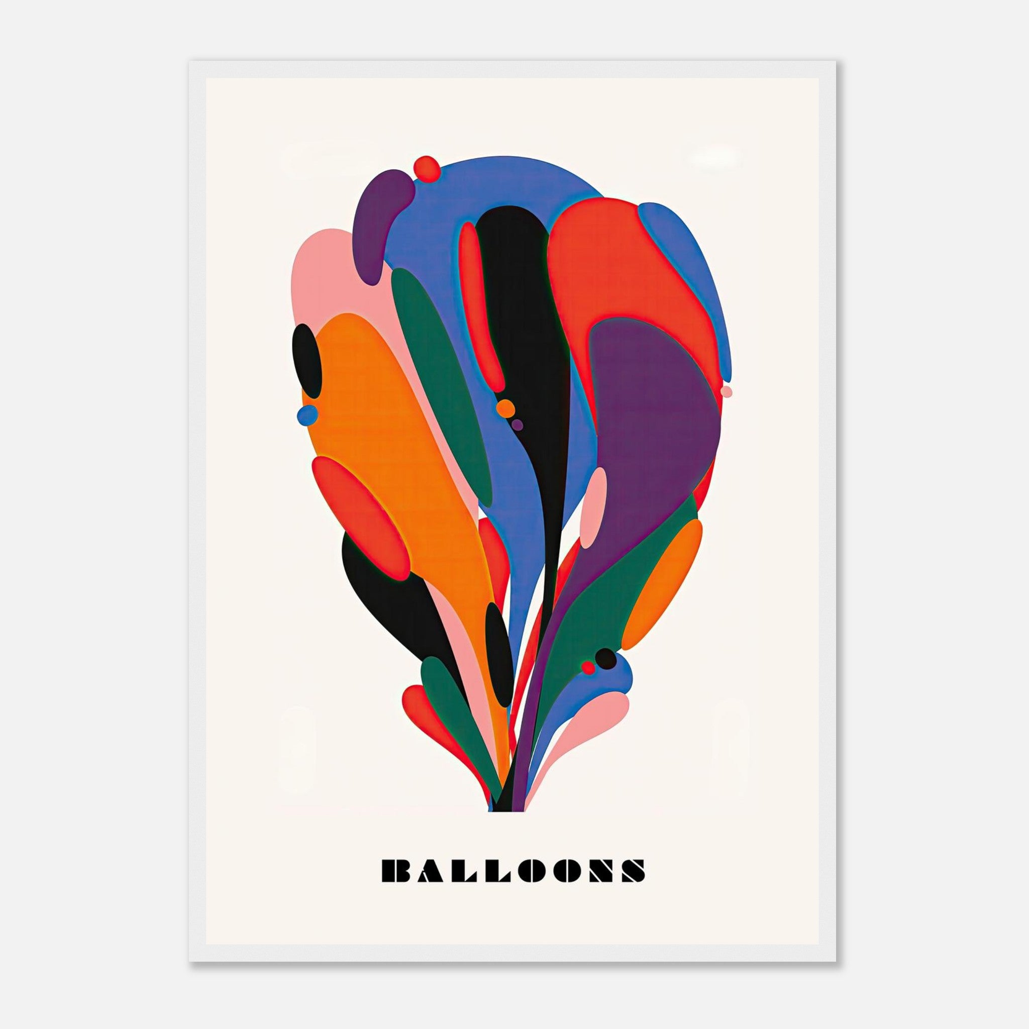 Abstract Balloon Art Framed Print featuring bold colors and fluid shapes on a neutral background.