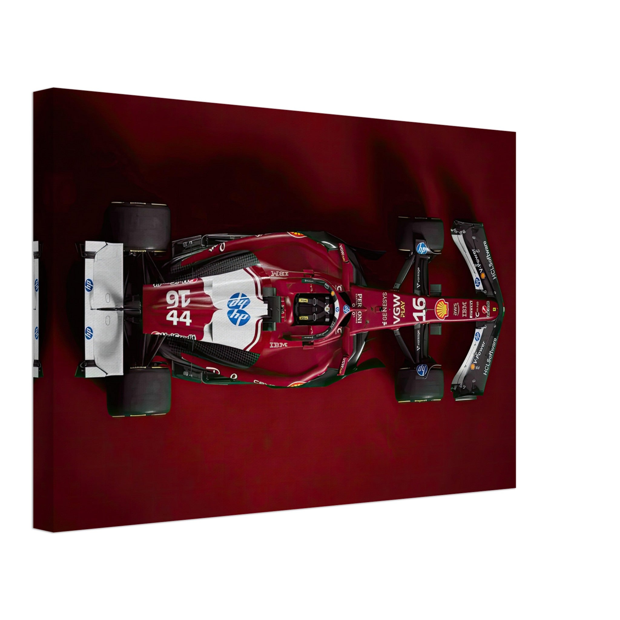 Top view of Ferrari F1 2025 Canvas Print showcasing sleek design and vibrant red colors.