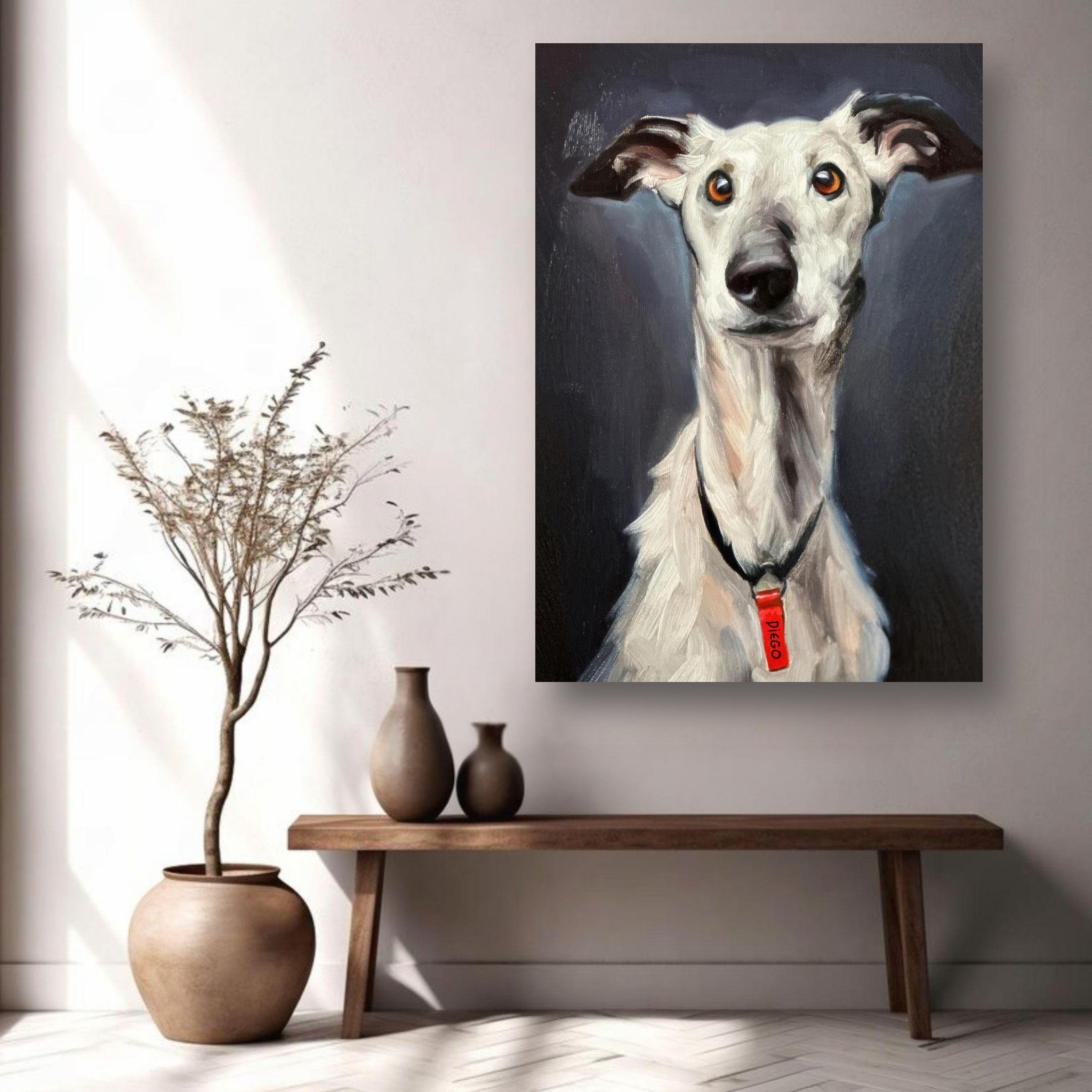 Elegant Greyhound dog painting on metal print, displayed in a chic interior setting with stylish decor.
