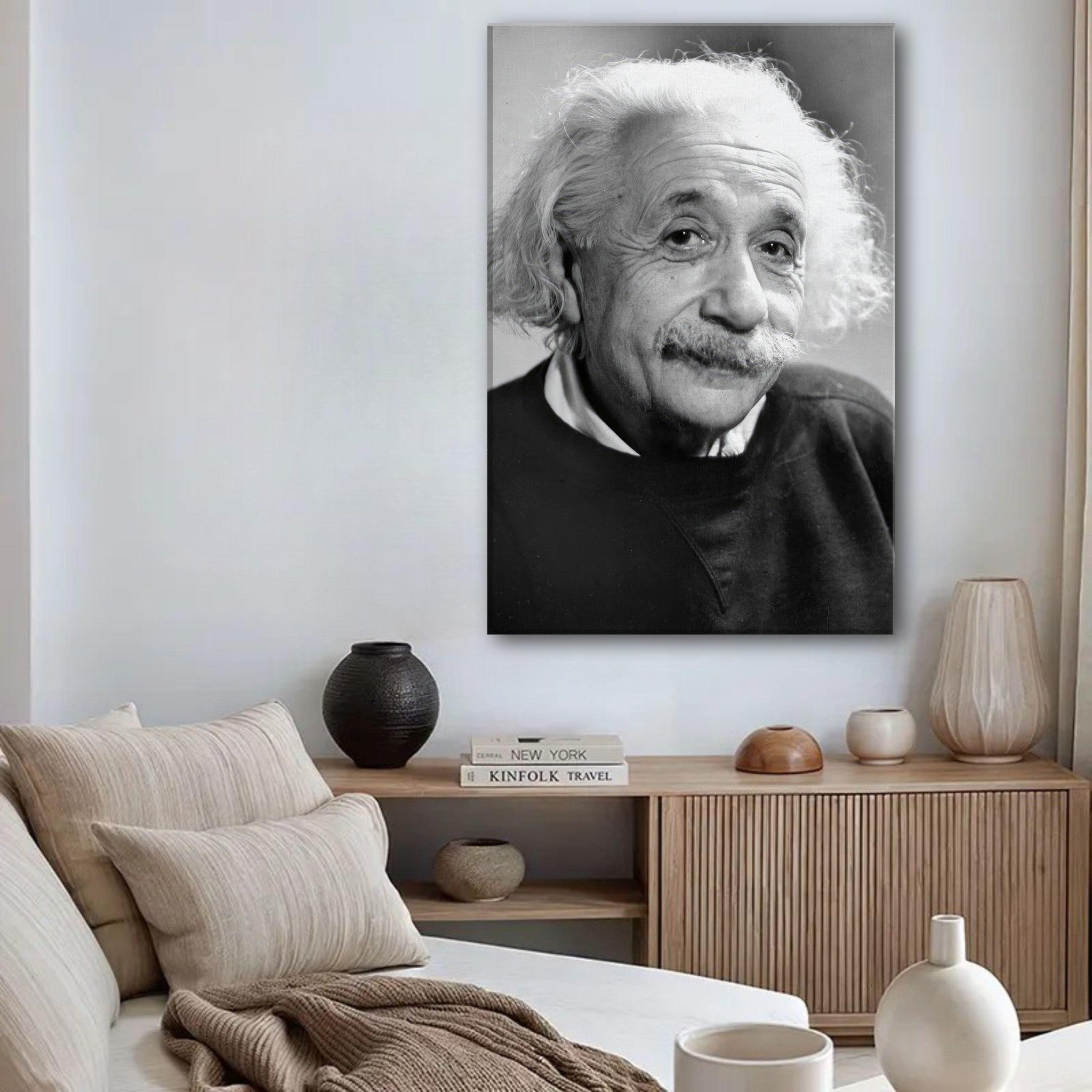Black and white canvas print of Albert Einstein in a living room setting, embodying wisdom and curiosity.