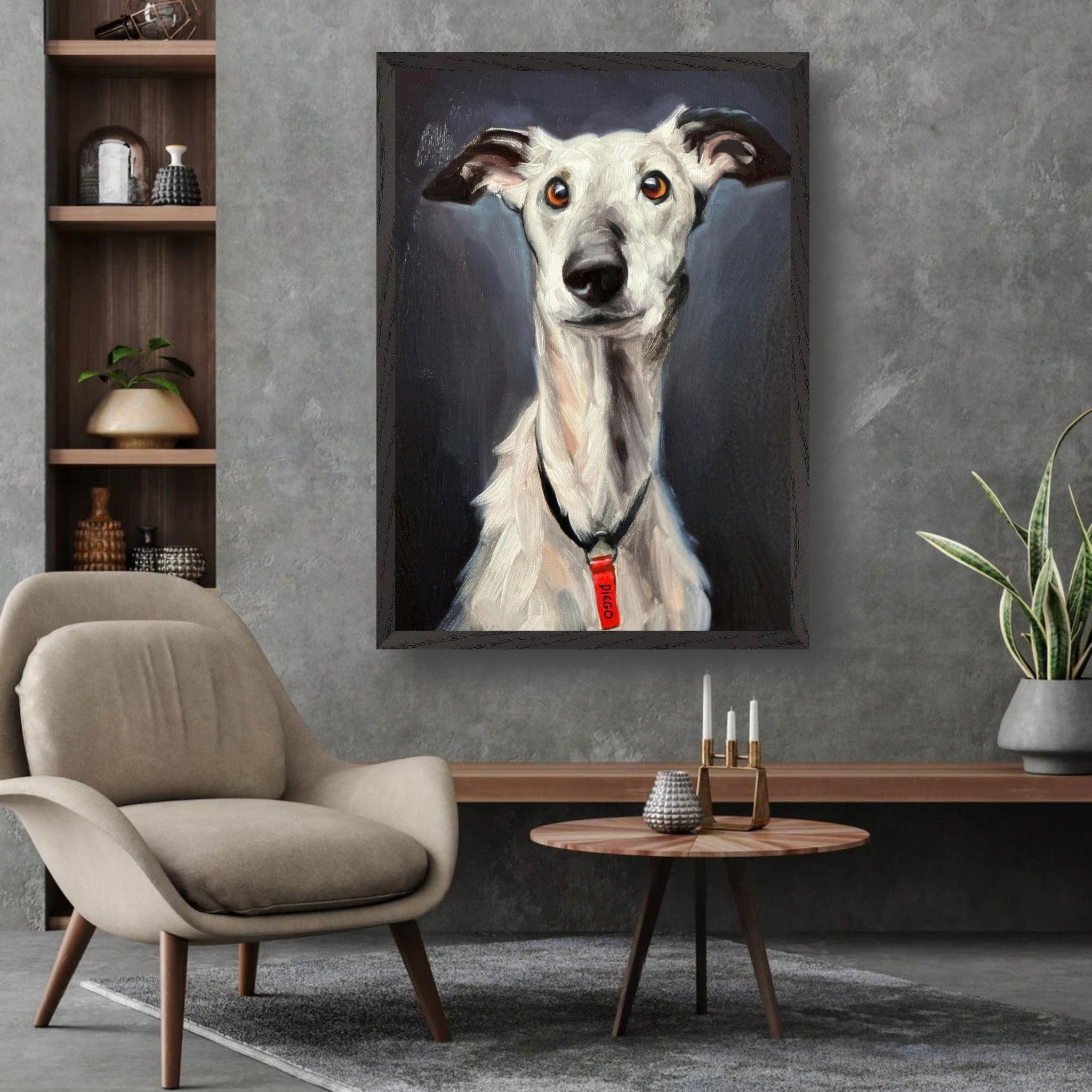 Greyhound dog painting displayed in modern living room with stylish furniture and decor.