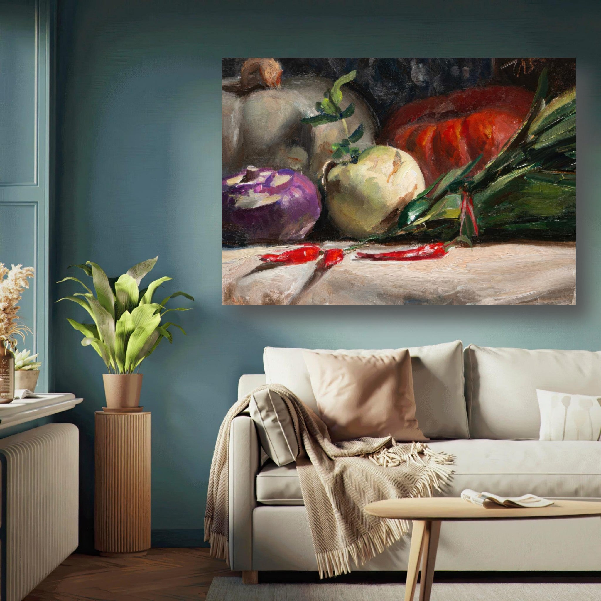Colorful metal print of kohlrabi, pumpkins, and chilis, enhancing kitchen decor with rustic charm.