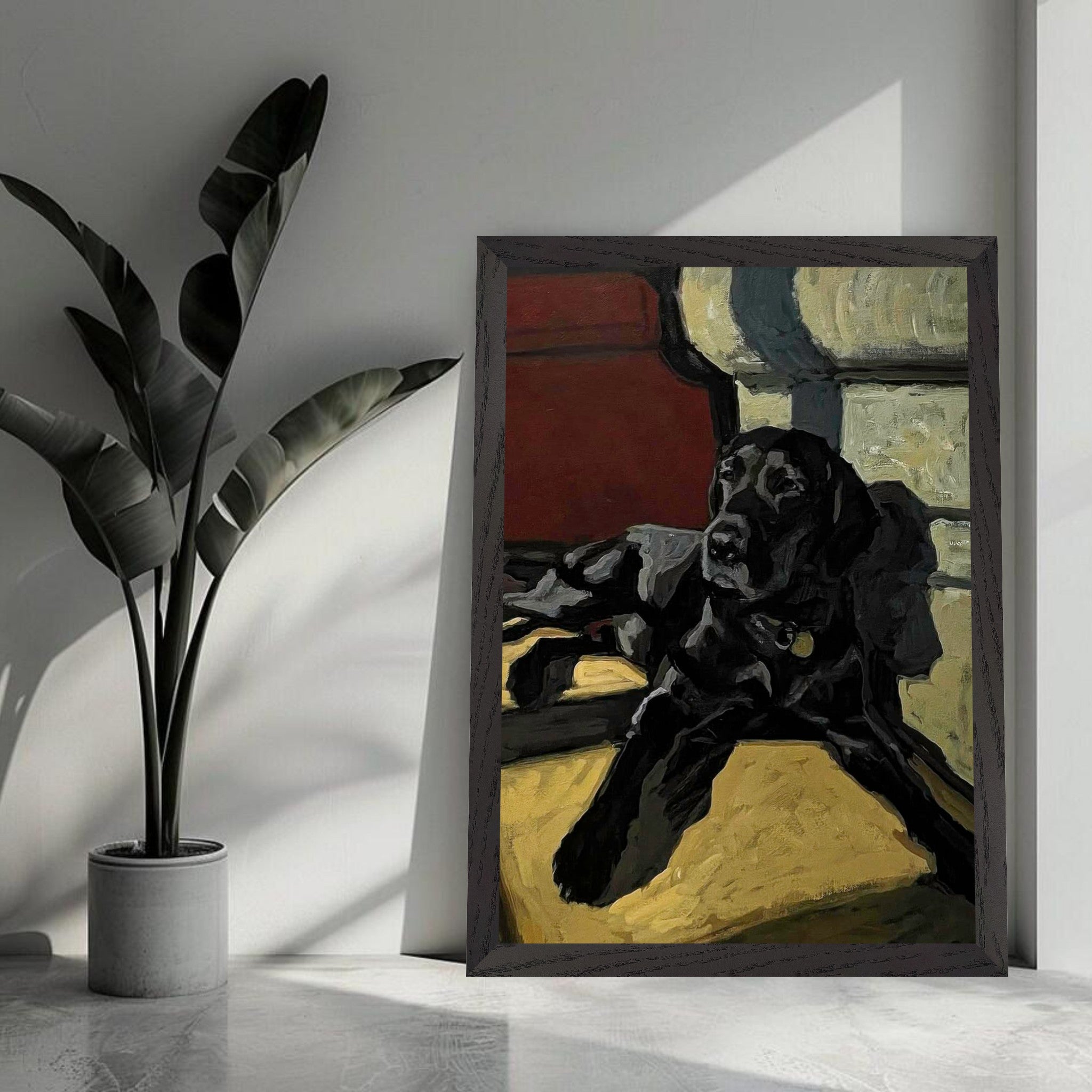 Vintage framed print of a Black Labrador dog basking in warm light, capturing charm and emotion in a cozy setting.
