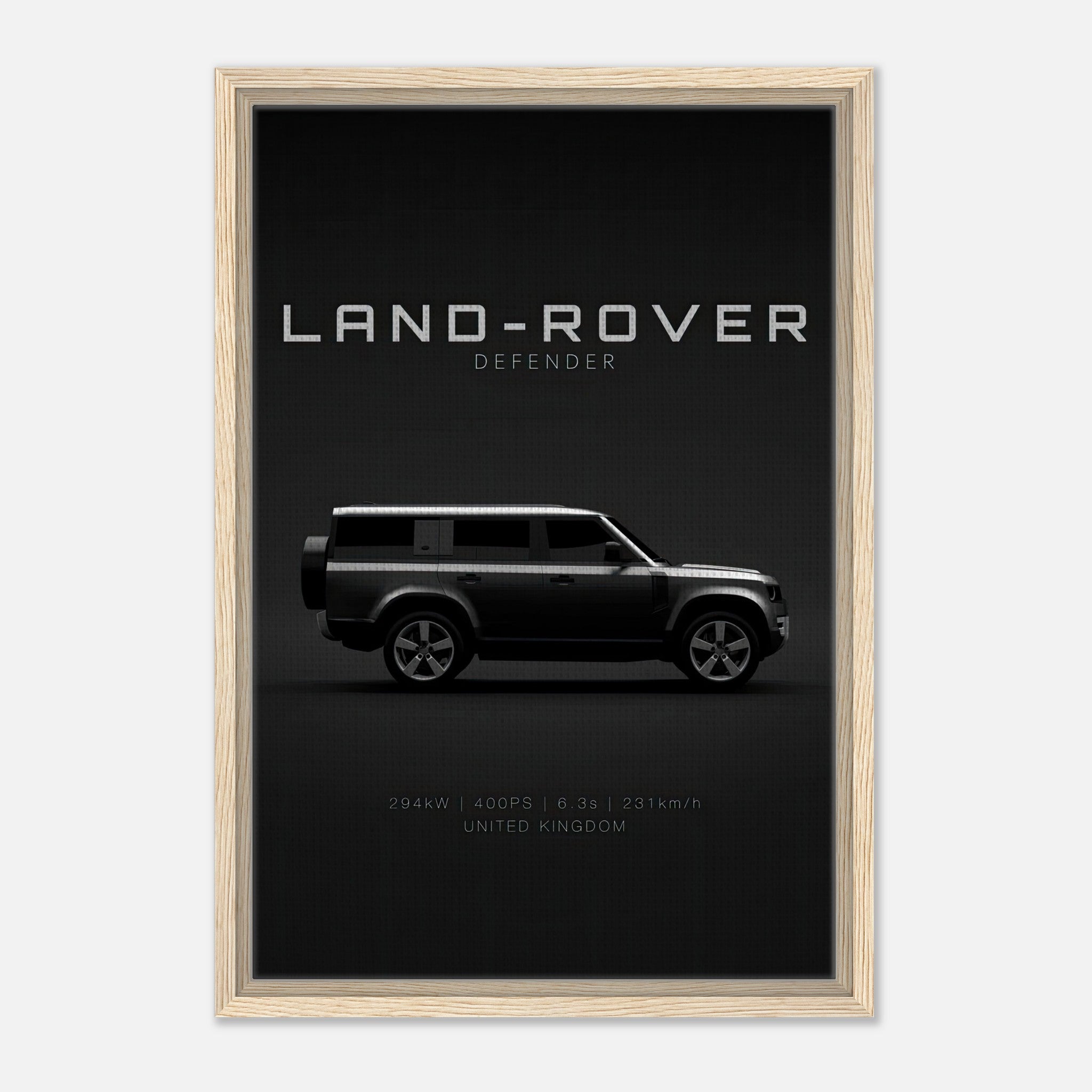 Framed canvas print of a Land Rover Defender on a black backdrop, showcasing style and adventure.