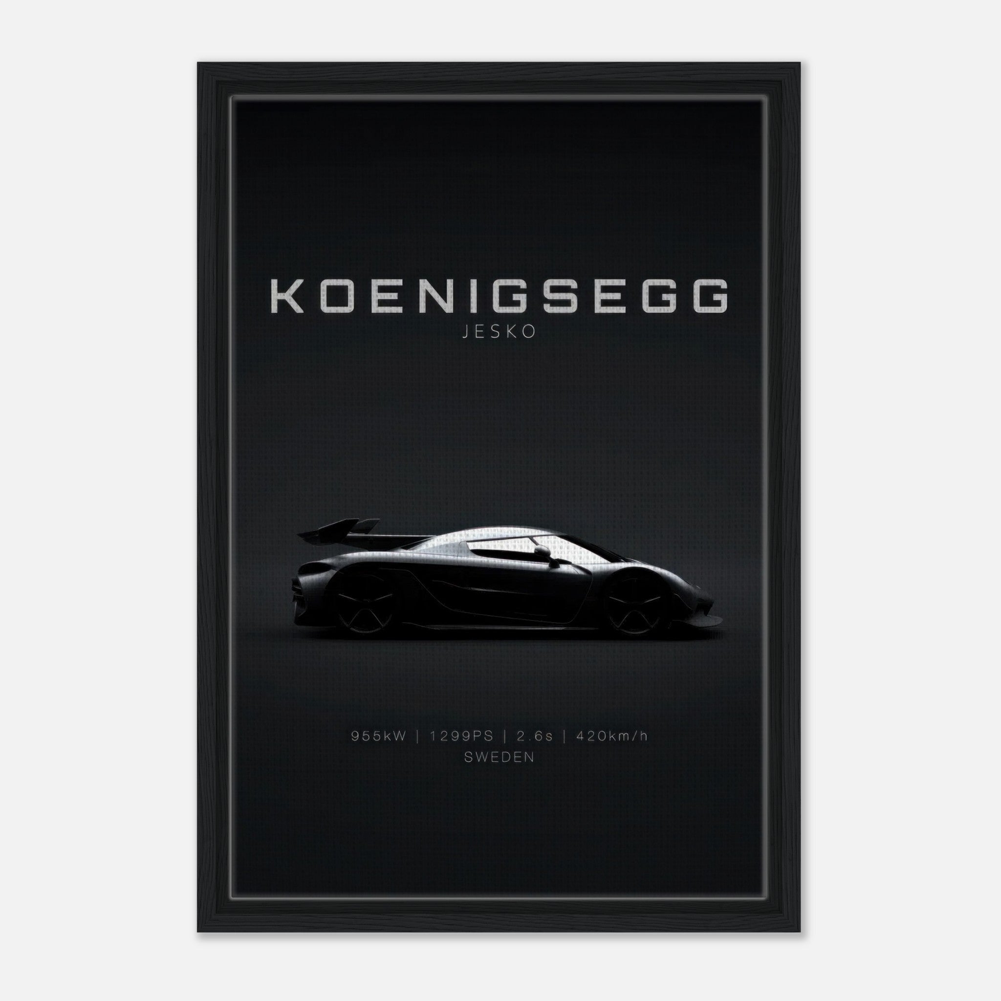 Koenigsegg Jesko framed canvas print featuring sleek silhouette on minimalist black background.