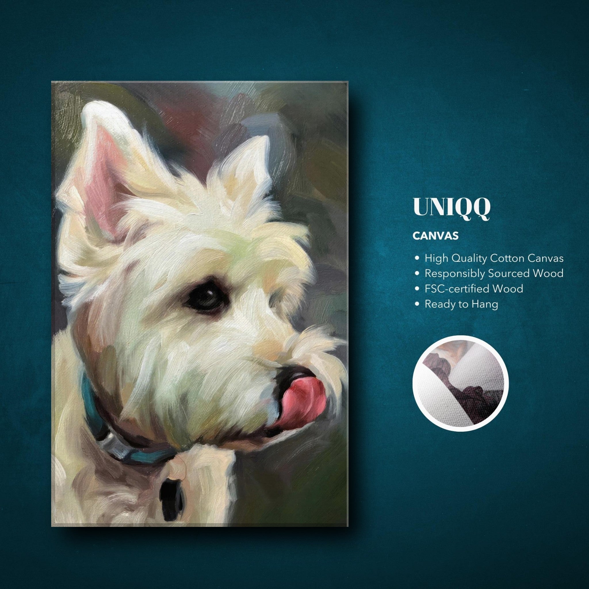 Westie dog painting canvas print featuring a playful pup with tongue out, perfect for dog lovers' home decor.
