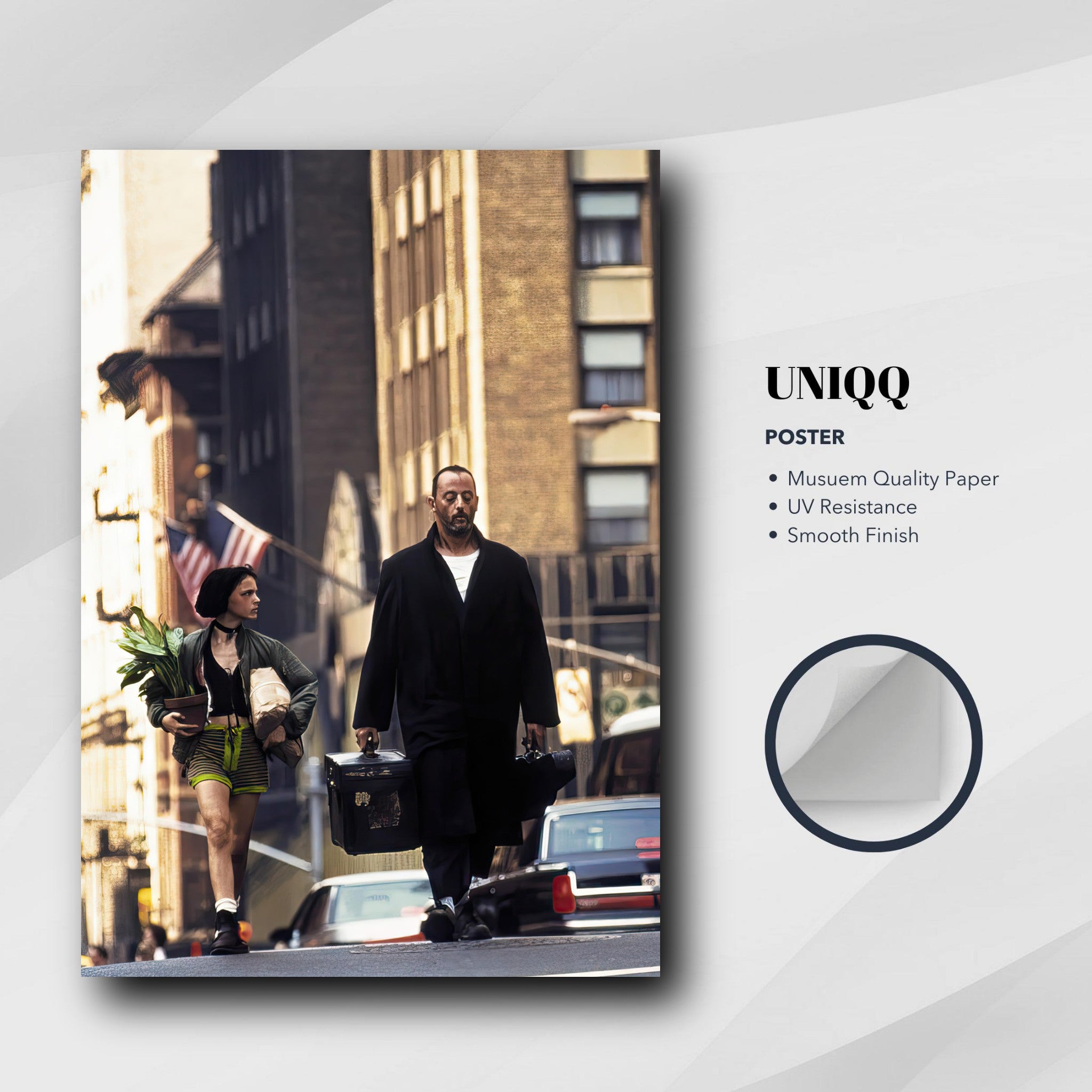 Jean Reno and Natalie Portman in iconic scene from Leon poster, featuring vibrant NYC backdrop and high-quality print.