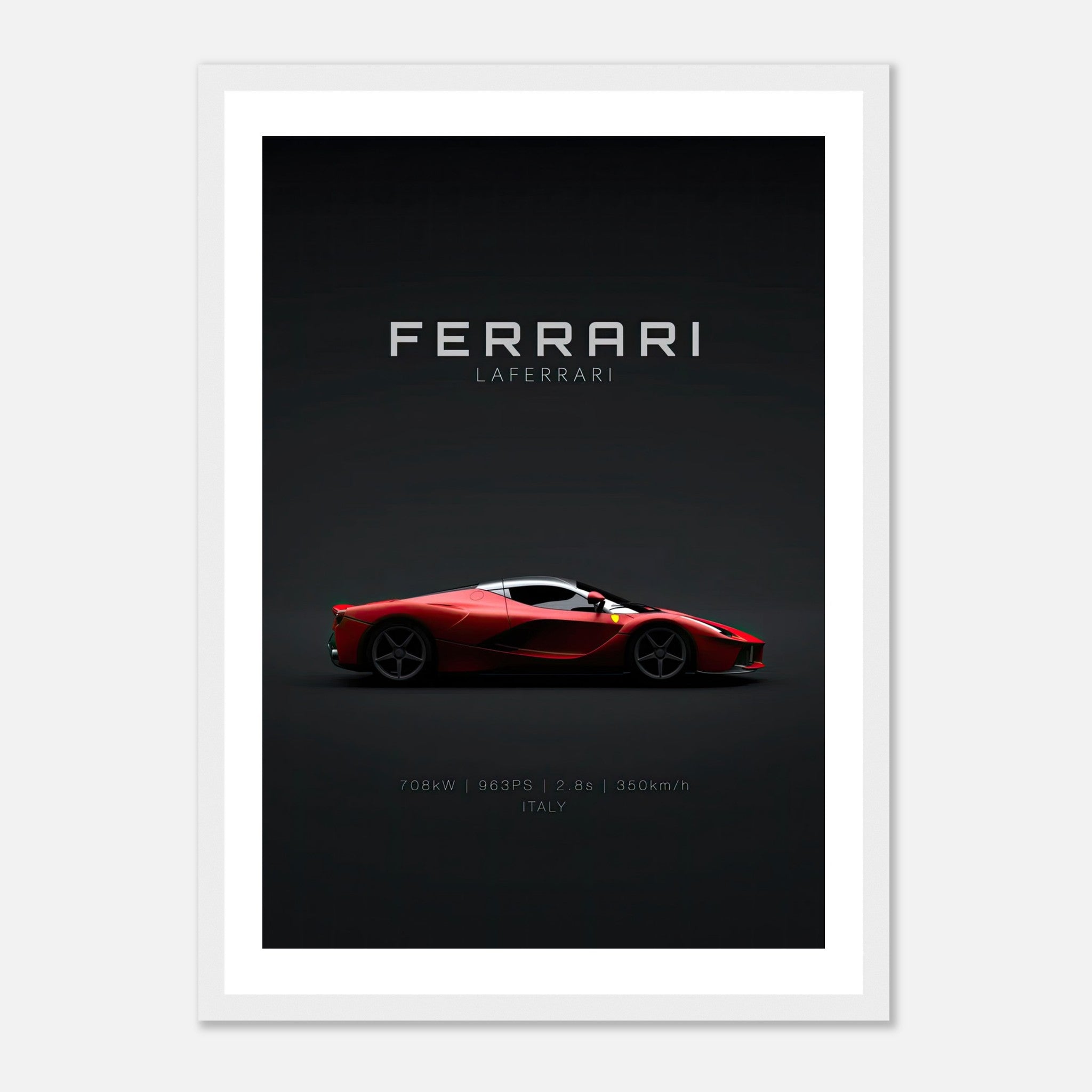 Ferrari Laferrari framed poster showcasing the iconic hypercar in red against a dark background.