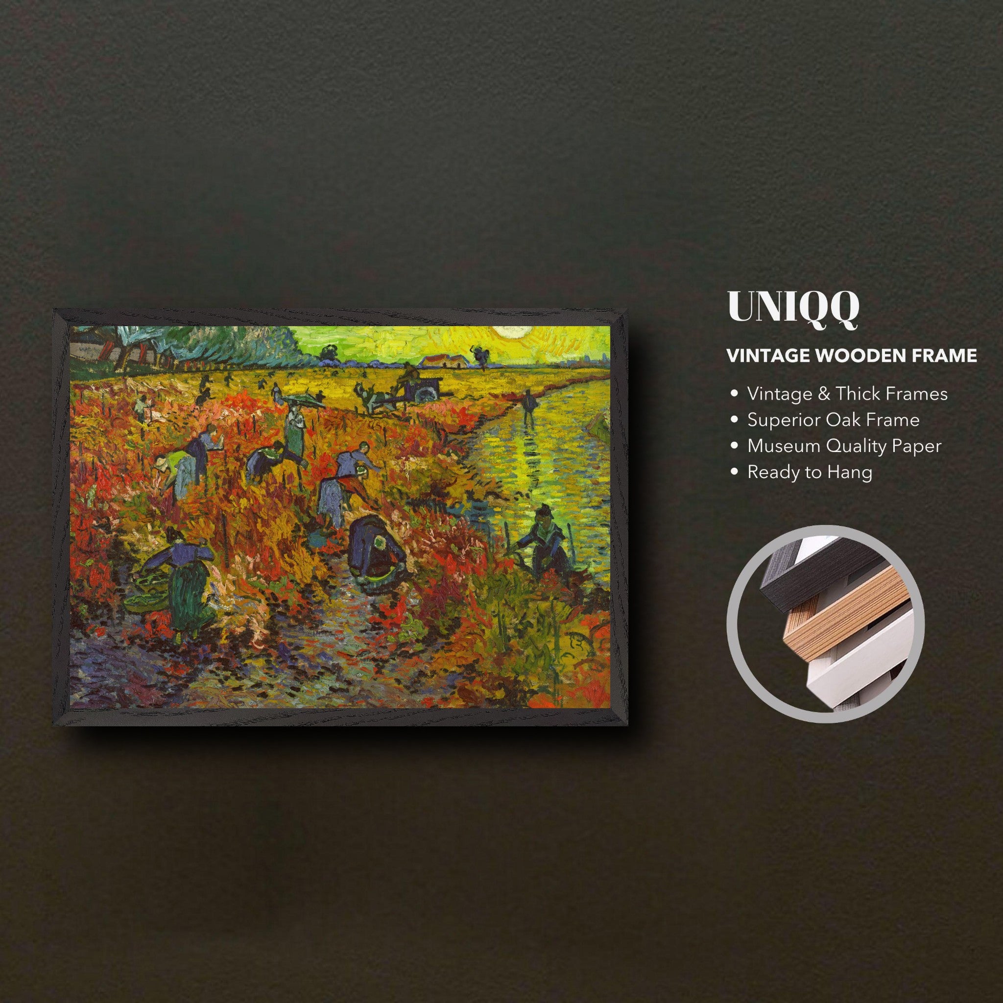 The Red Vineyard by Van Gogh in a vintage oak frame, showcasing laborers harvesting grapes in warm autumn hues.