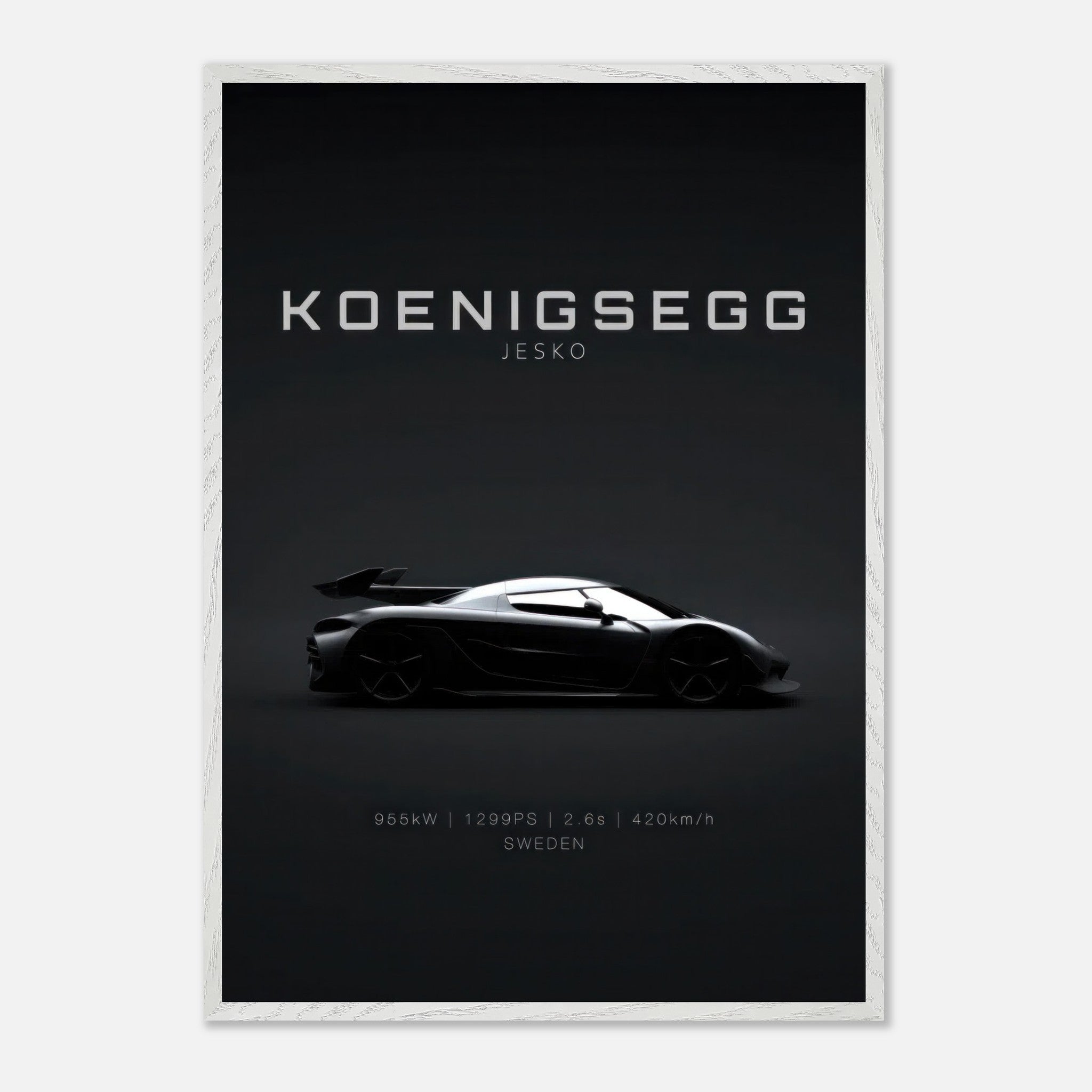 Koenigsegg Jesko vintage framed art featuring sleek car silhouette on minimalist black background.