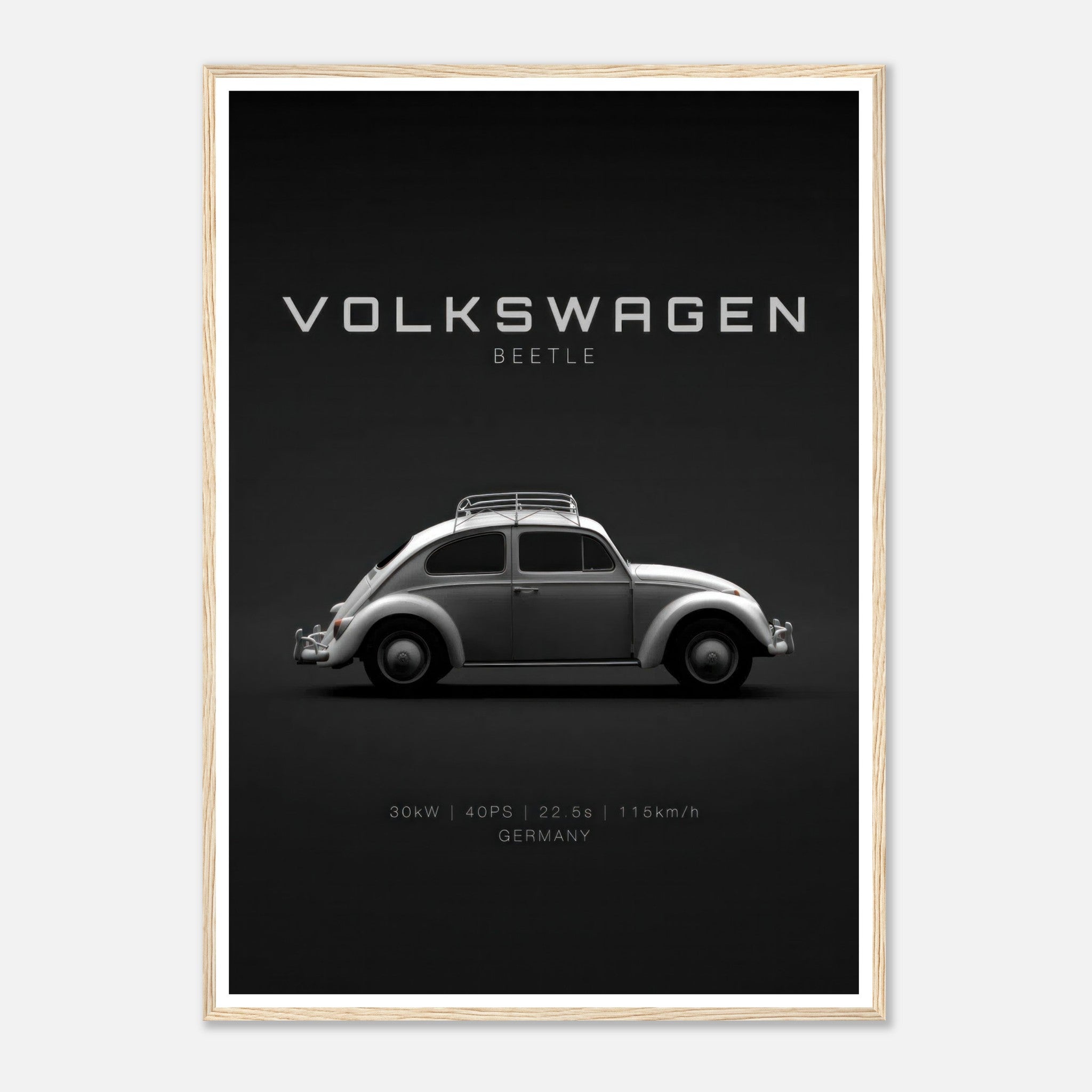 Framed poster of Volkswagen Beetle showcasing sleek side profile against black background, celebrating vintage automotive design.